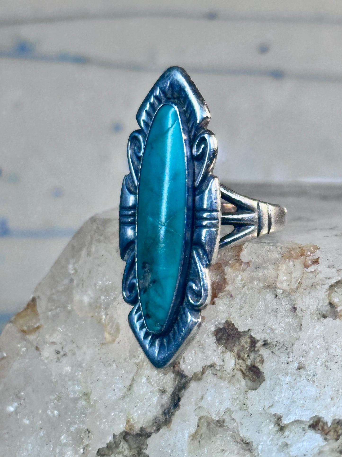Vintage Long Turquoise Ring Navajo size 7.75 sterling silver women girls