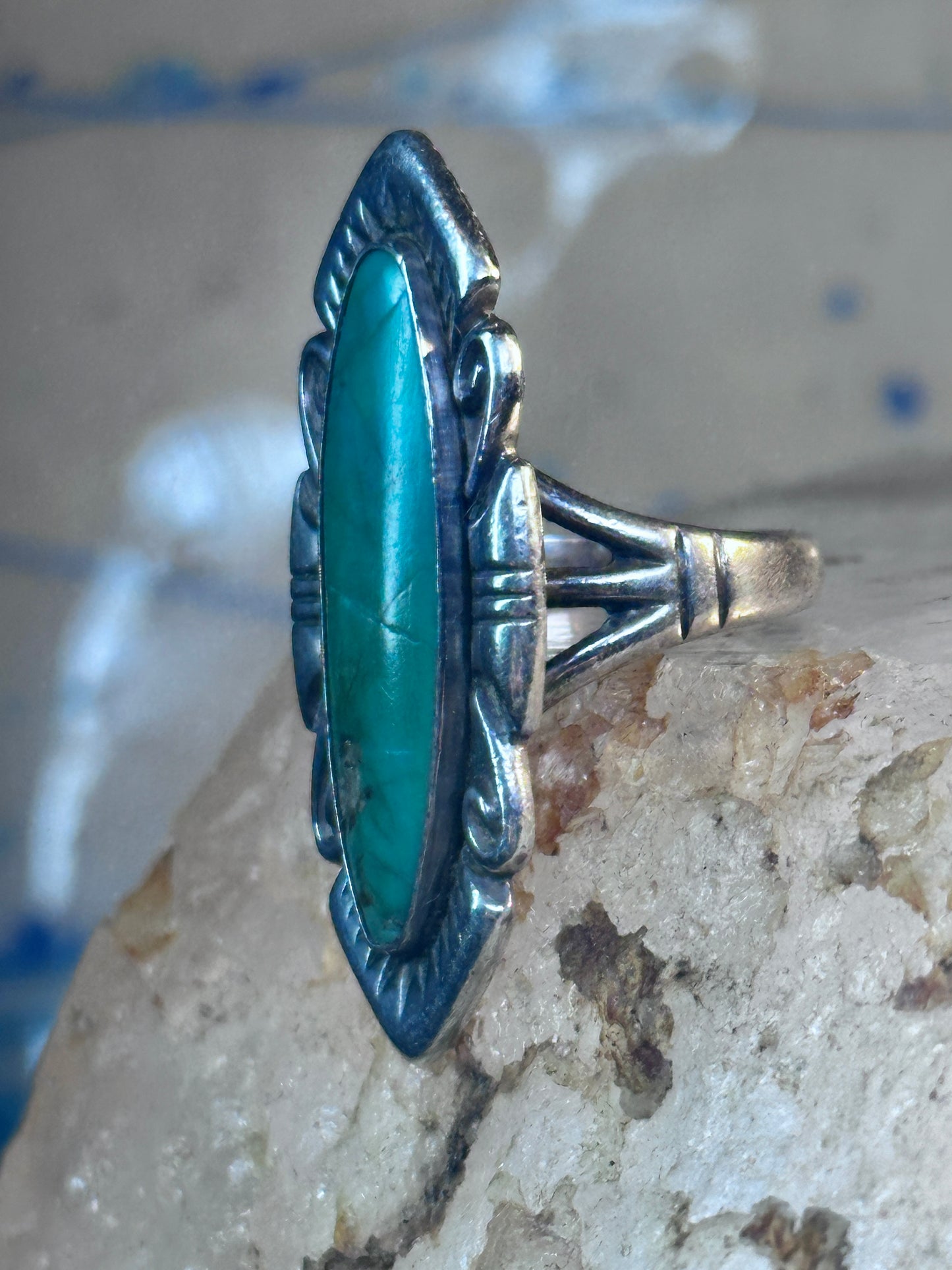 Vintage Long Turquoise Ring Navajo size 7.75 sterling silver women girls