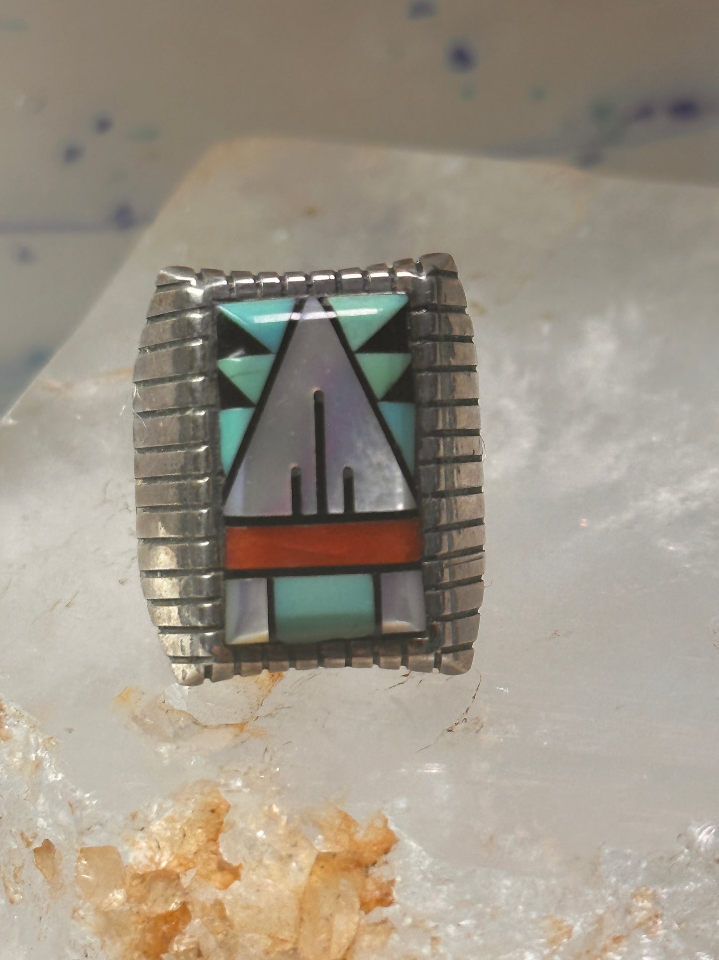 Zuni ring turquoise coral onyx MOP size 8.75 sterling silver women men