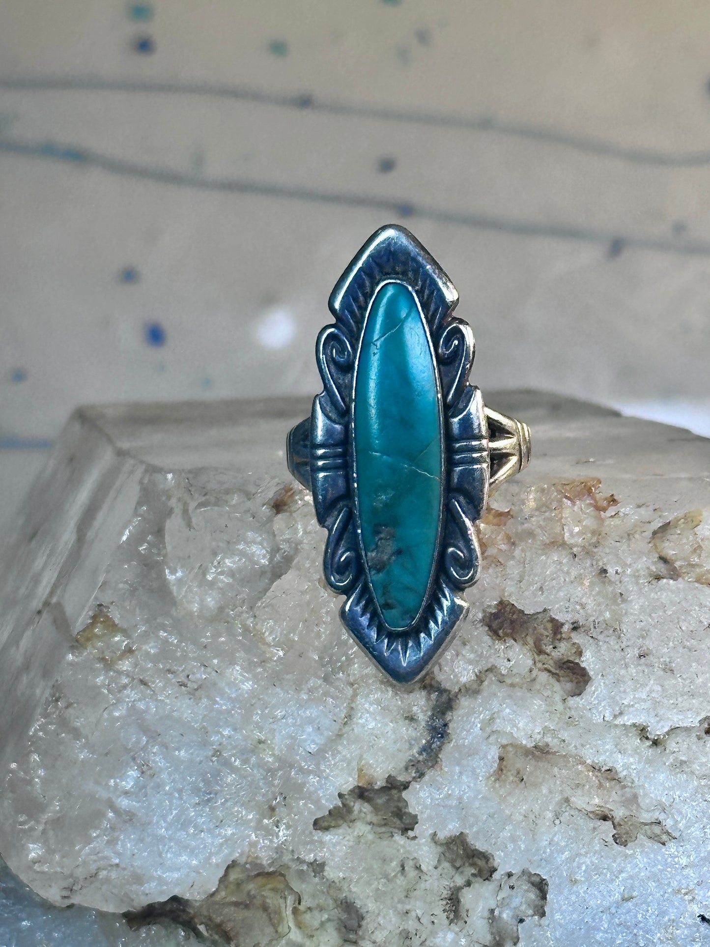 Vintage Long Turquoise Ring Navajo size 7.75 sterling silver women girls