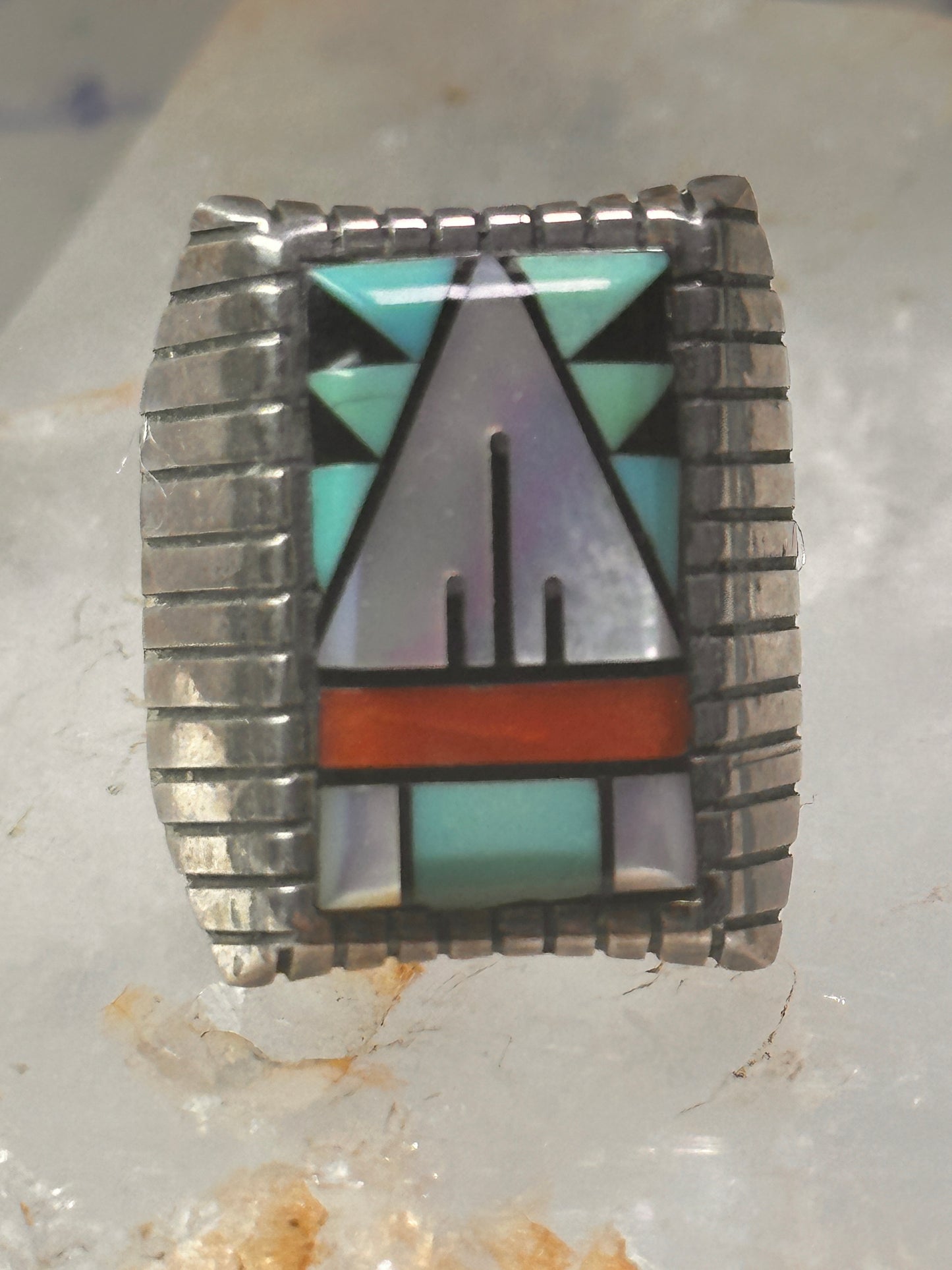 Zuni ring turquoise coral onyx MOP size 8.75 sterling silver women men