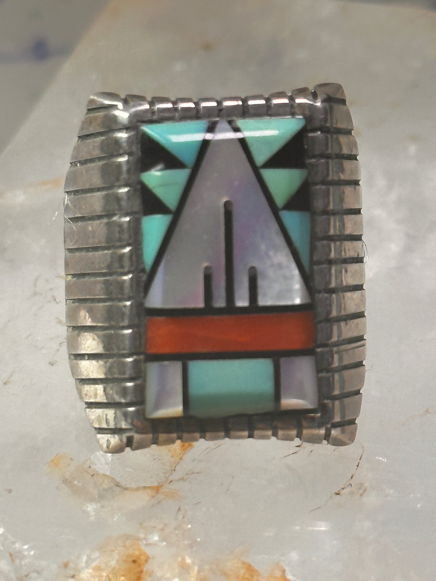 Zuni ring turquoise coral onyx MOP size 8.75 sterling silver women men