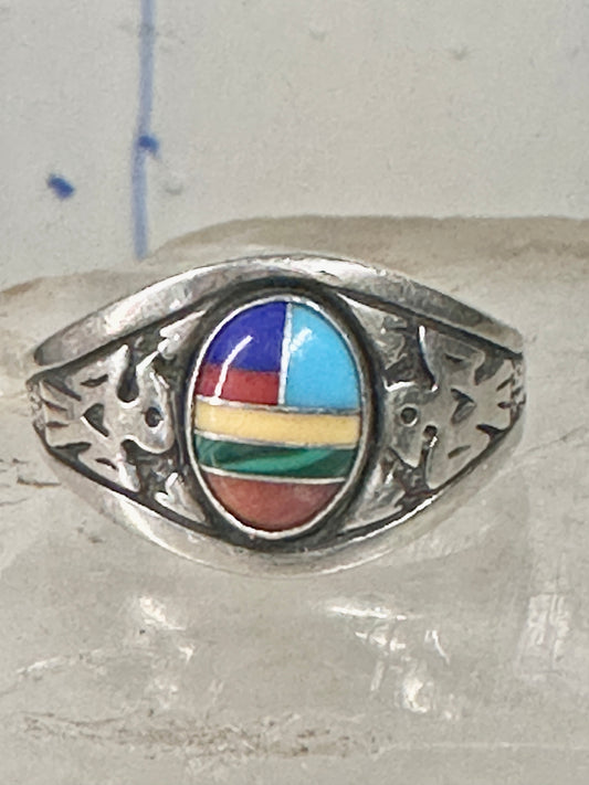 Phoenix ring Turquoise band malachite coral southwest size 8.7 sterling silver women boys