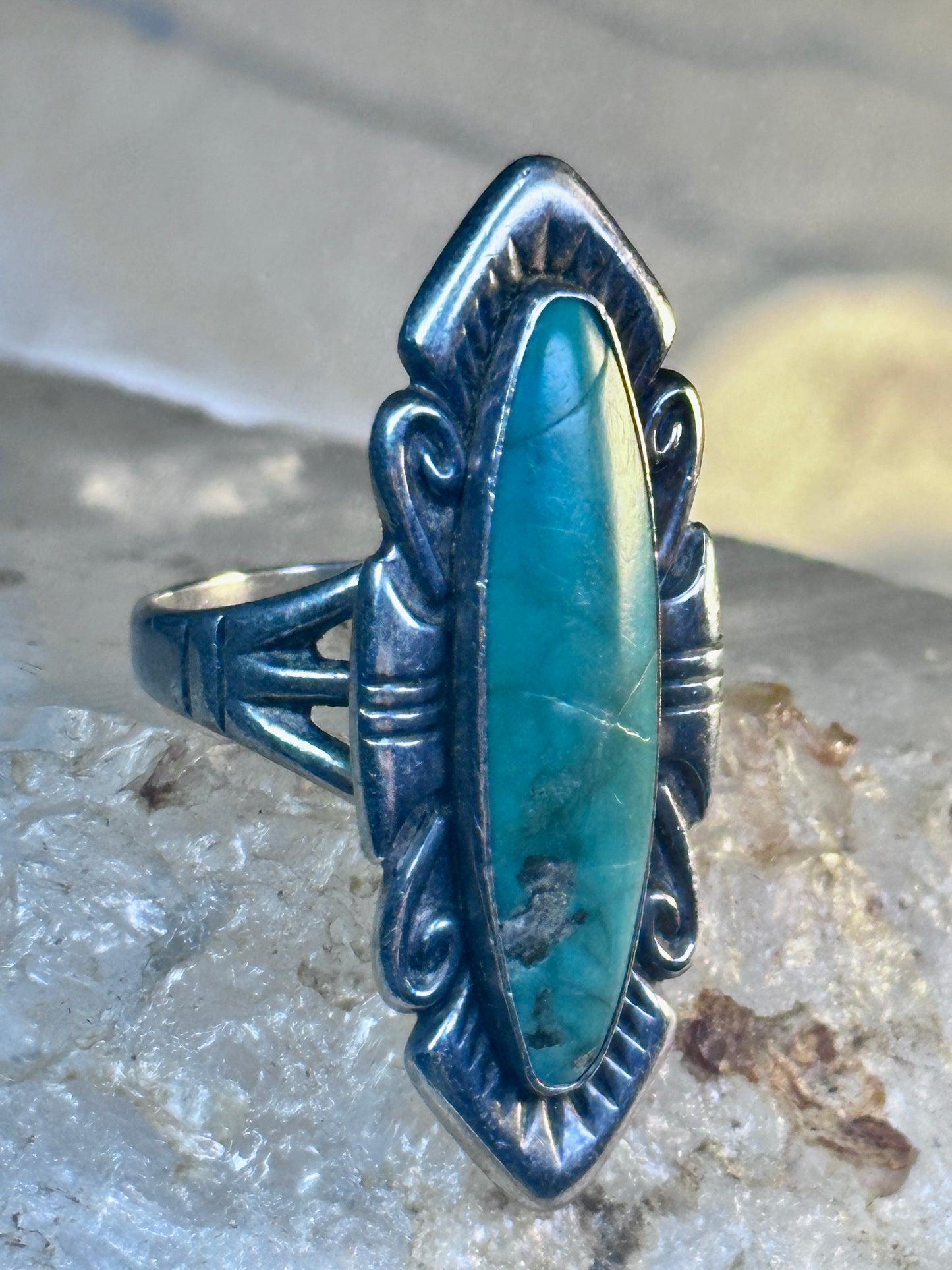 Vintage Long Turquoise Ring Navajo size 7.75 sterling silver women girls