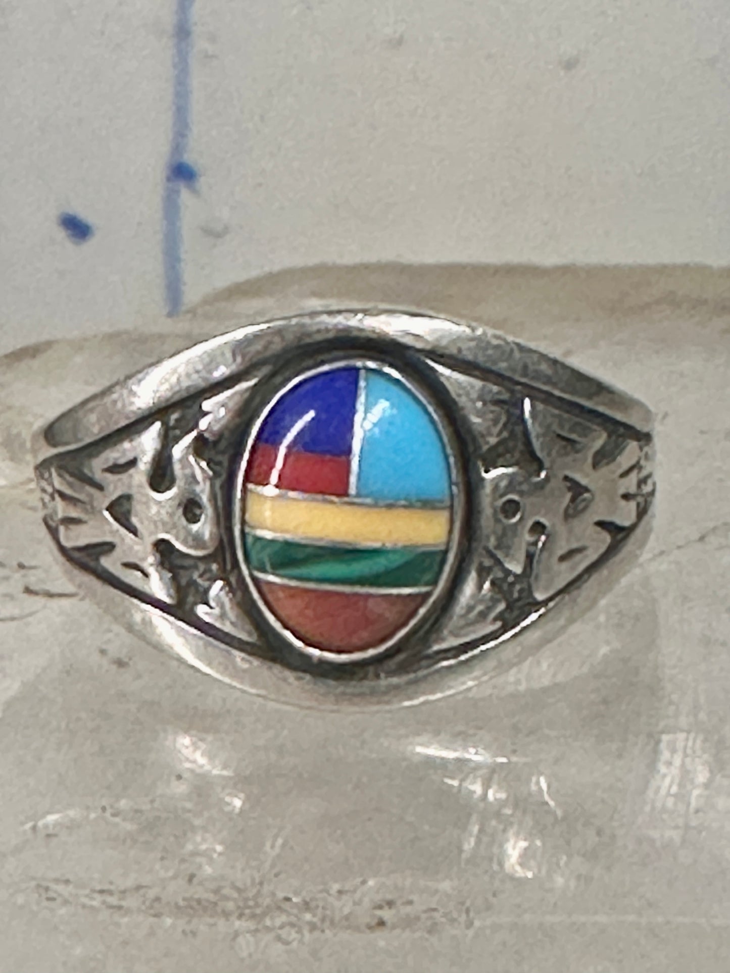 Phoenix ring Turquoise band malachite coral southwest size 8.7 sterling silver women boys