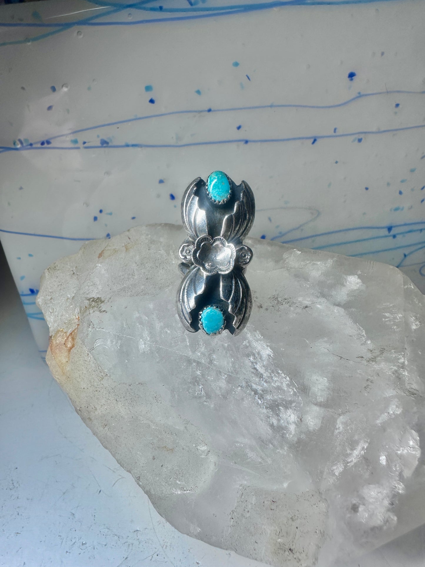 Navajo ring turquoise leaves size 5.5 sterling silver women signed M