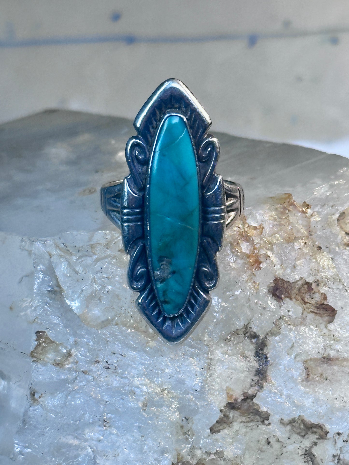 Vintage Long Turquoise Ring Navajo size 7.75 sterling silver women girls
