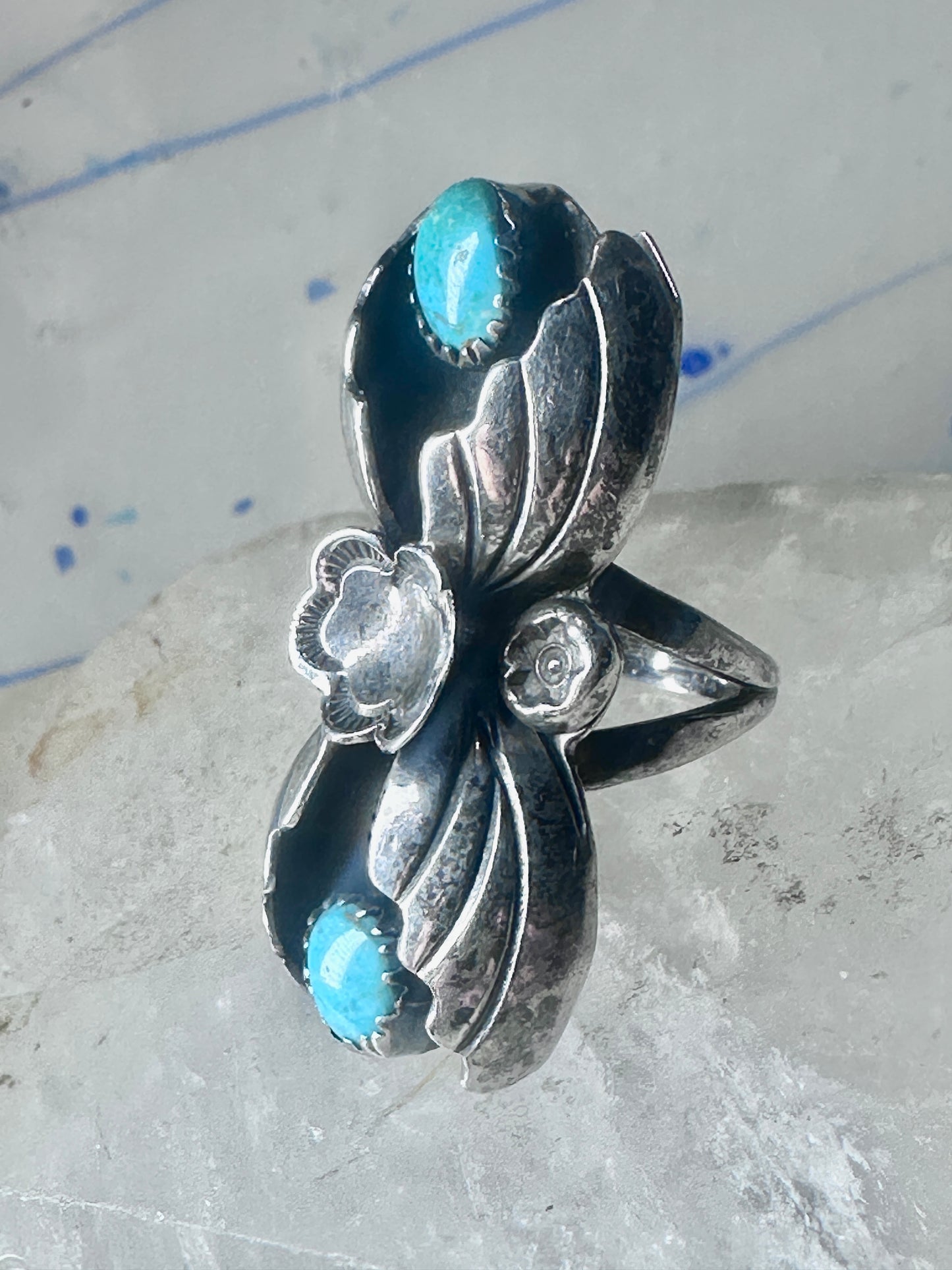 Navajo ring turquoise leaves size 5.5 sterling silver women signed M