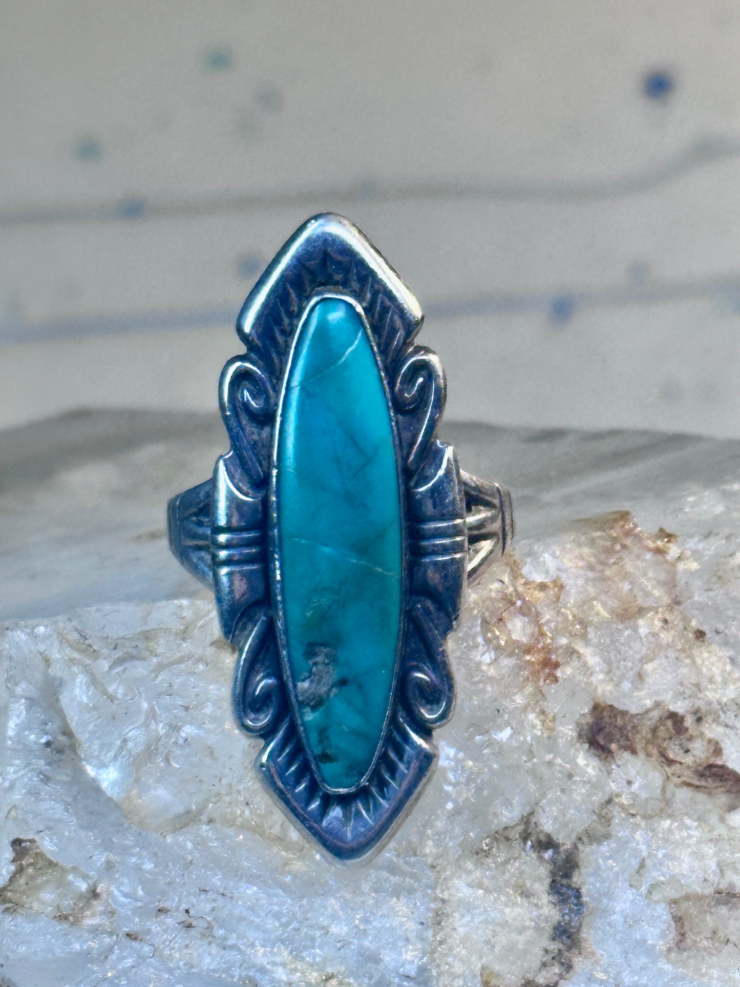 Vintage Long Turquoise Ring Navajo size 7.75 sterling silver women girls