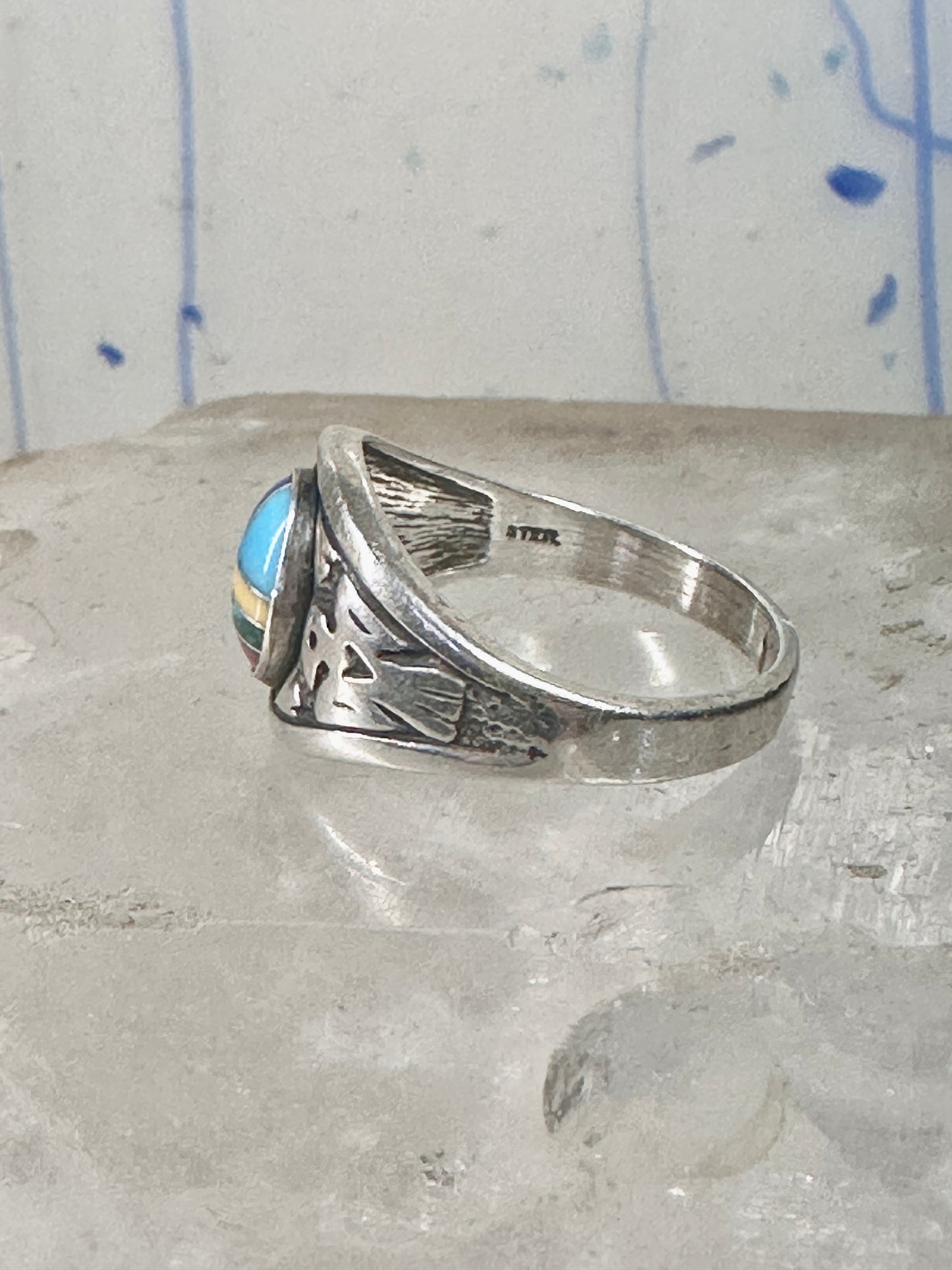 Phoenix ring Turquoise band malachite coral southwest size 8.7 sterling silver women boys