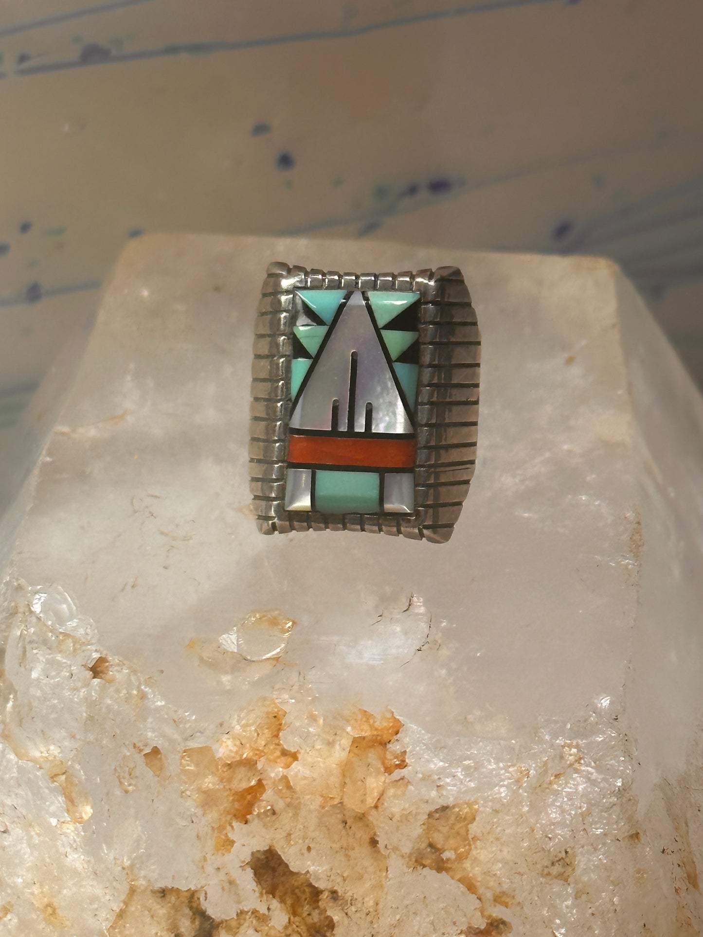 Zuni ring turquoise coral onyx MOP size 8.75 sterling silver women men