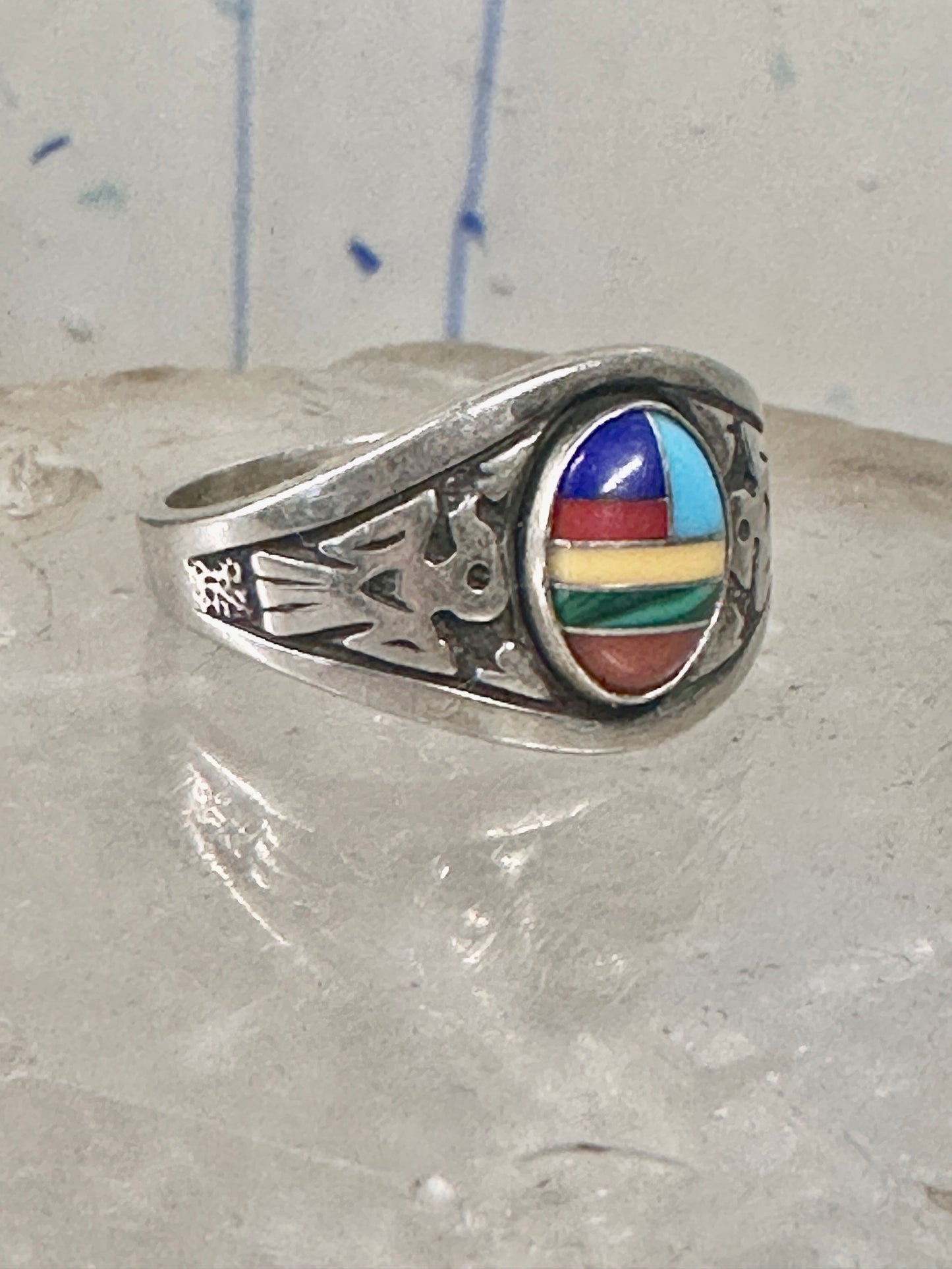 Phoenix ring Turquoise band malachite coral southwest size 8.7 sterling silver women boys