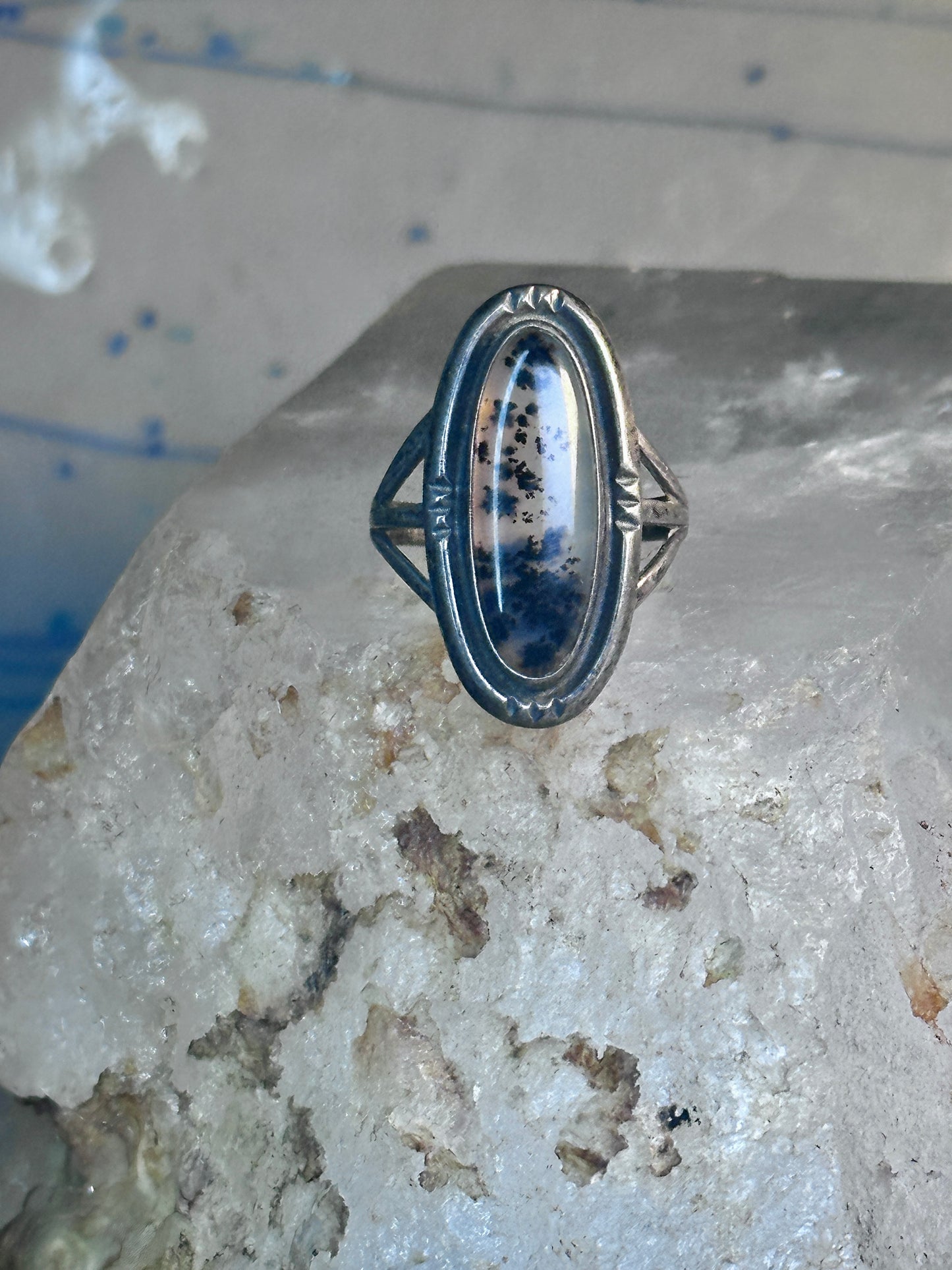 Vintage Long Agate Ring Navajo size 8.25 sterling silver women girls