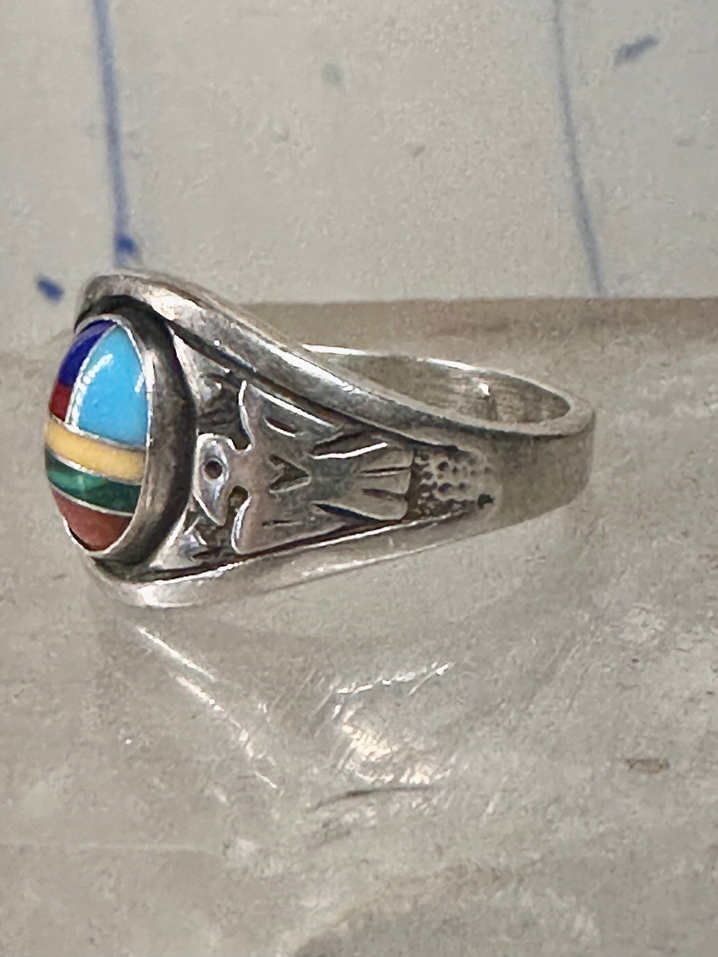 Phoenix ring Turquoise band malachite coral southwest size 8.7 sterling silver women boys