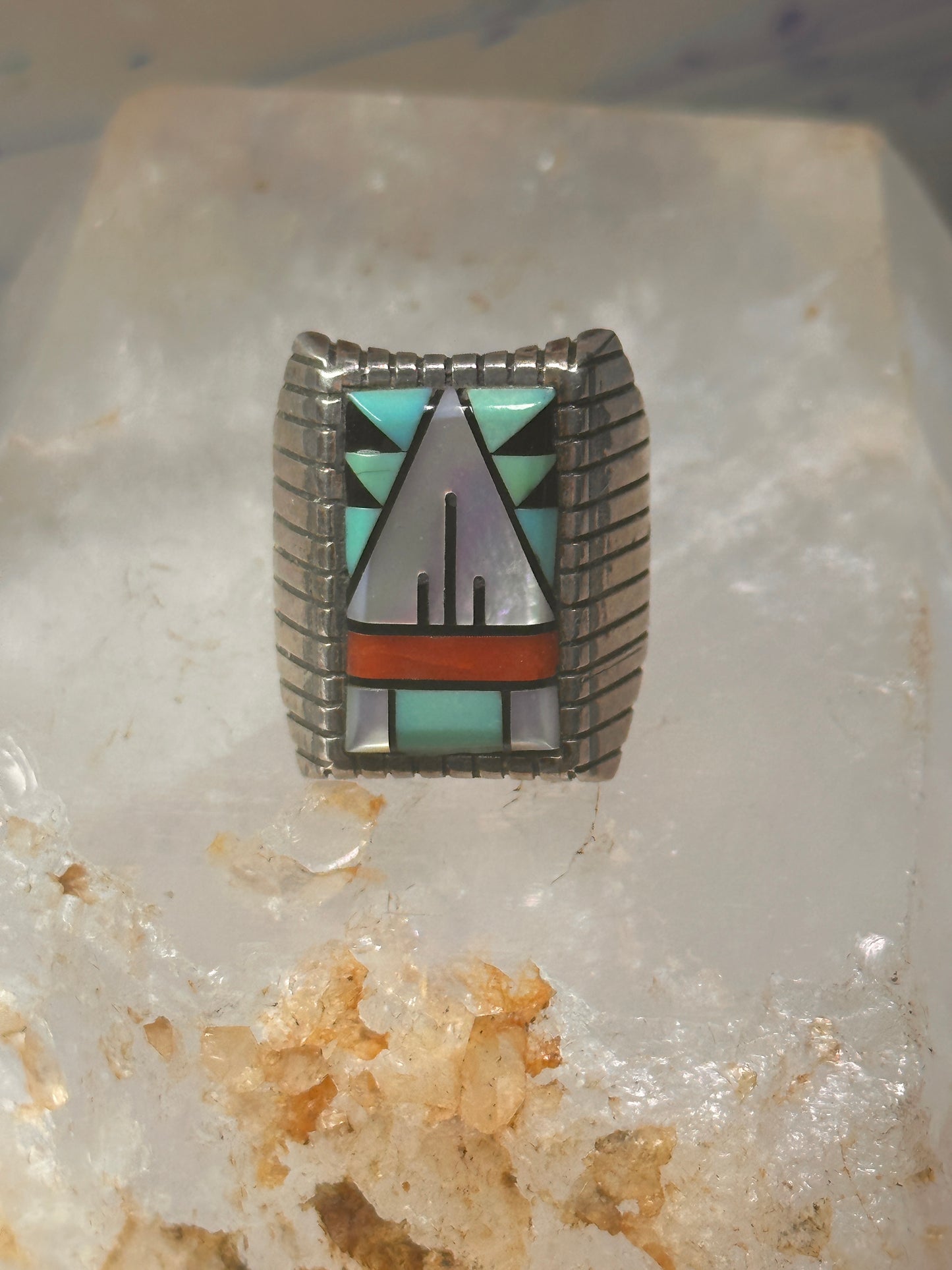 Zuni ring turquoise coral onyx MOP size 8.75 sterling silver women men