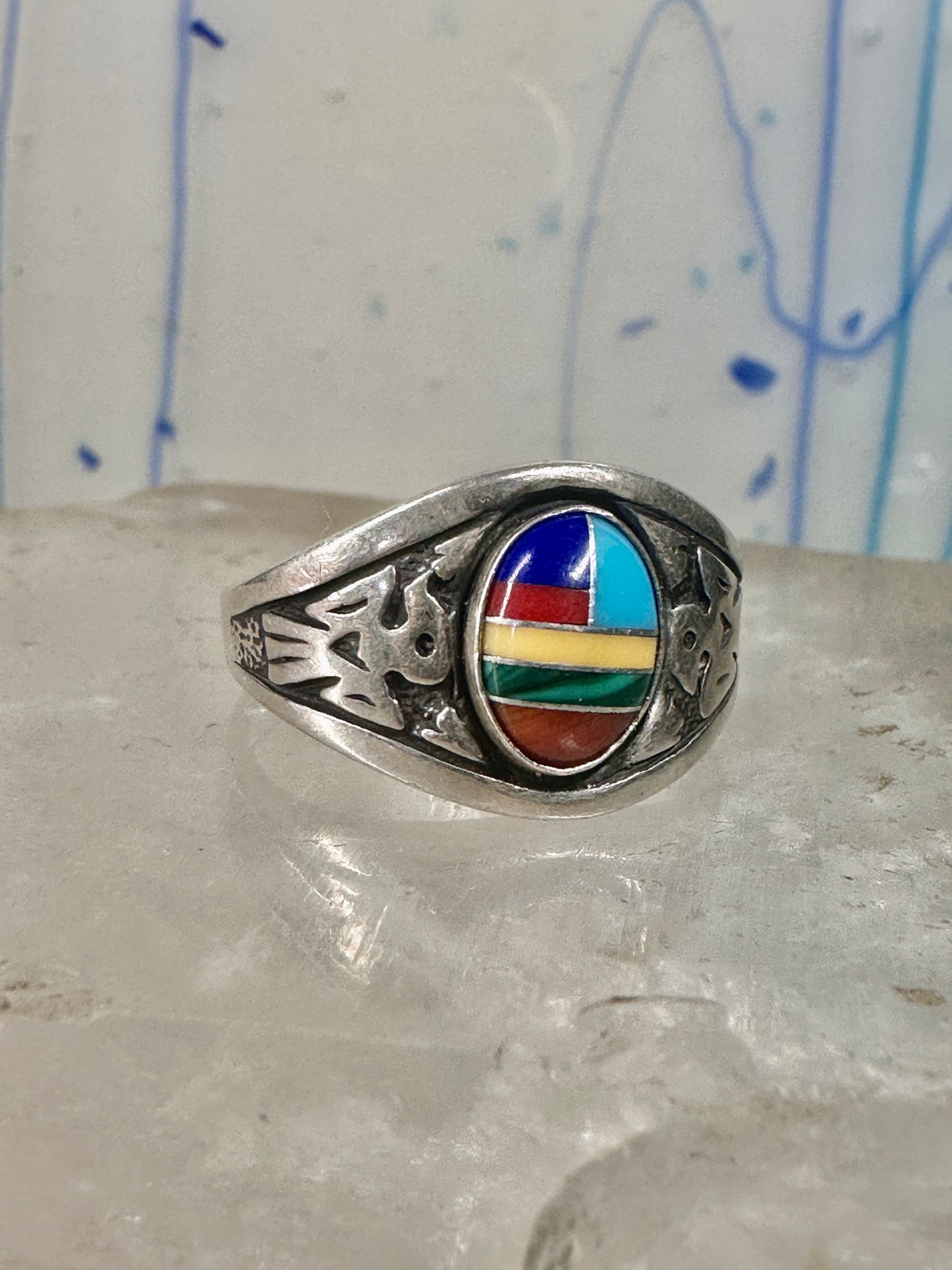 Phoenix ring Turquoise band malachite coral southwest size 8.7 sterling silver women boys