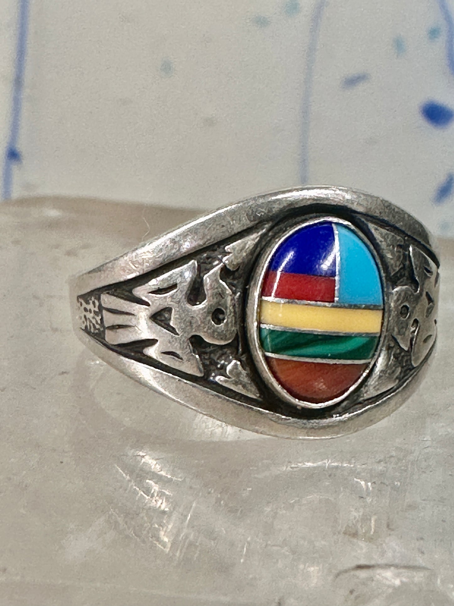 Phoenix ring Turquoise band malachite coral southwest size 8.7 sterling silver women boys