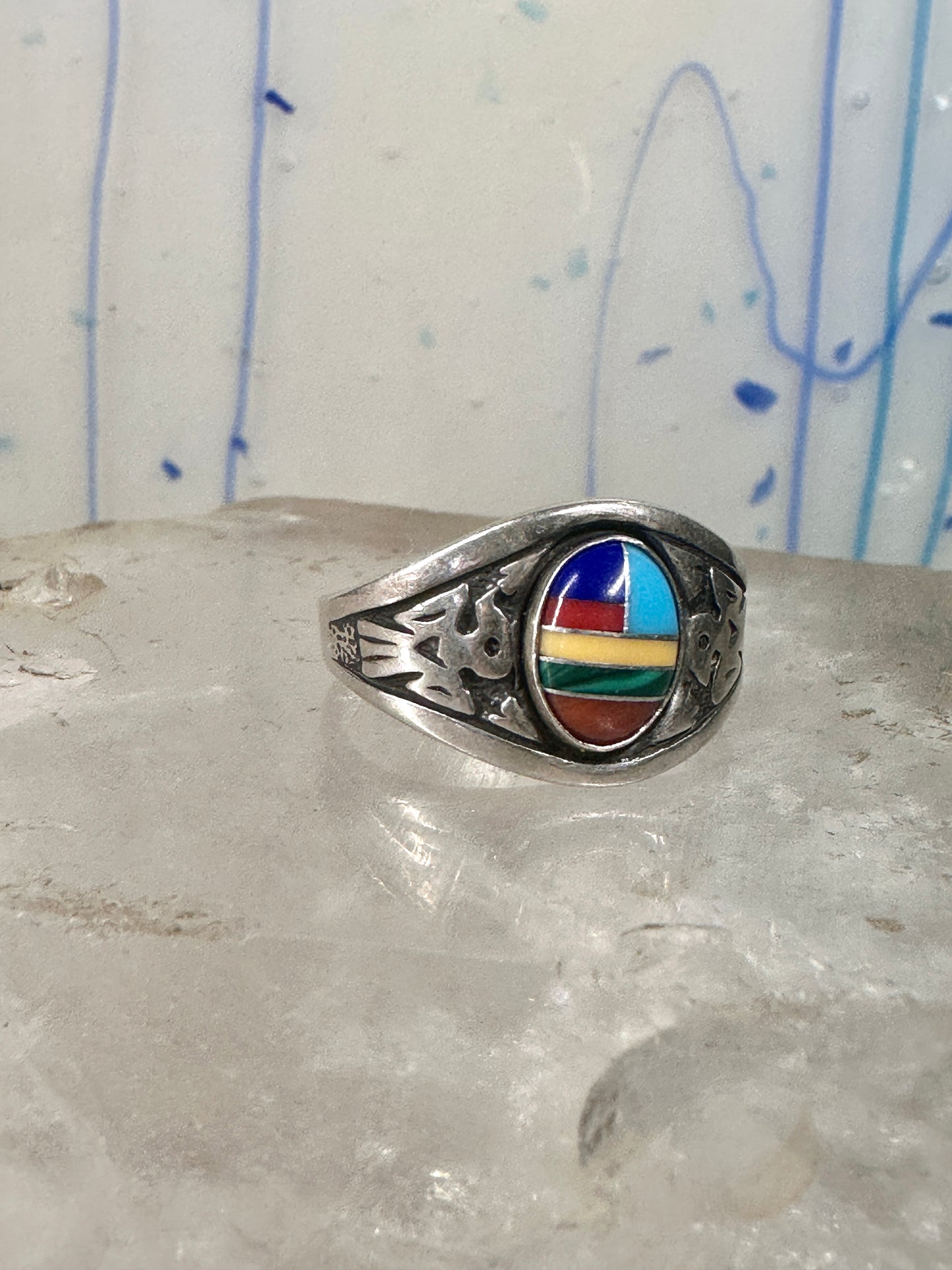 Phoenix ring Turquoise band malachite coral southwest size 8.7 sterling silver women boys