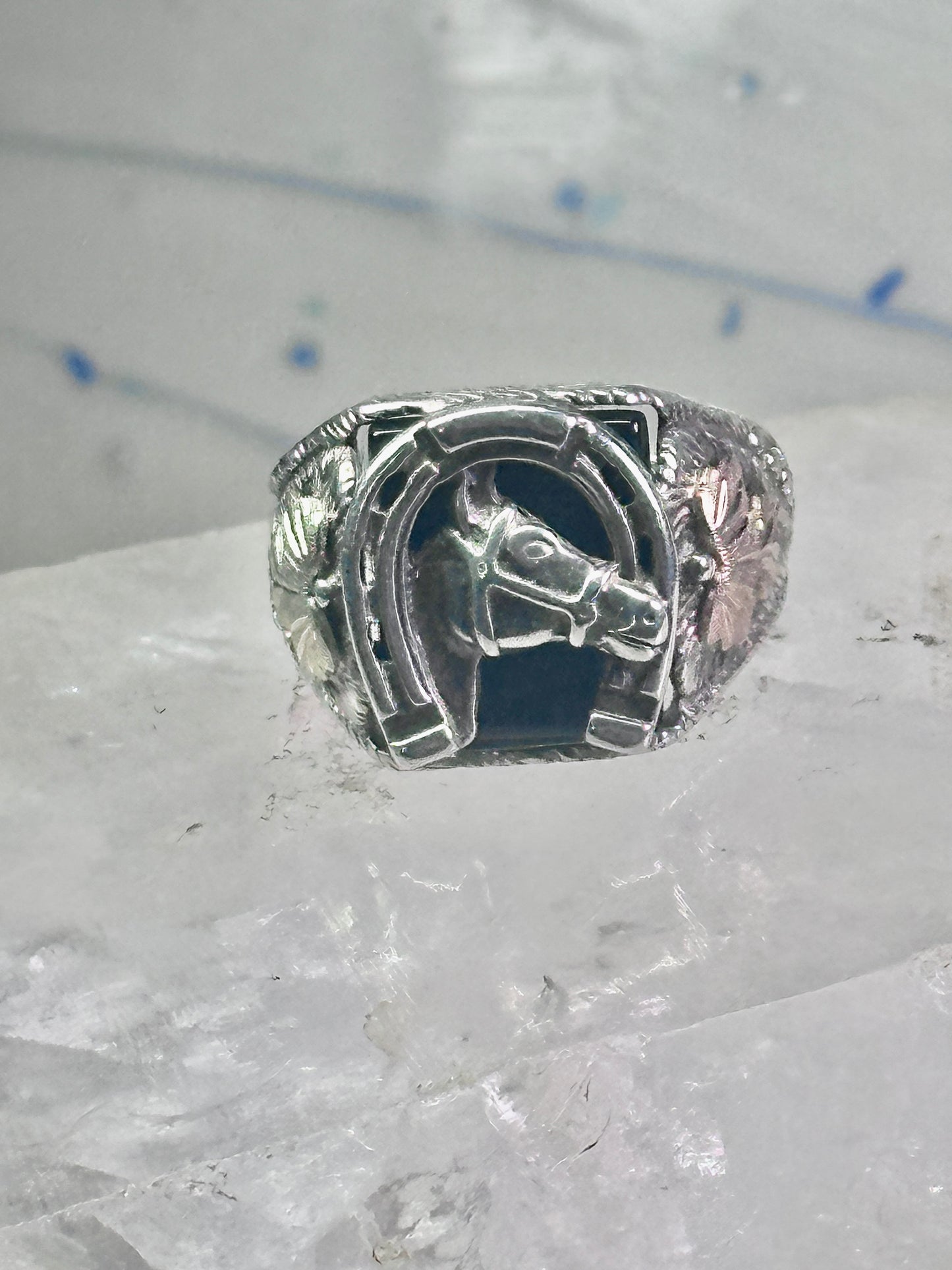 Black Hills Gold Ring horse horseshoe good luck onyx band size 10 cowboy sterling silver women men