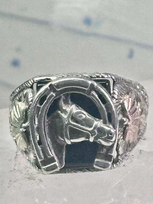 Black Hills Gold Ring horse horseshoe good luck onyx band size 10 cowboy sterling silver women men
