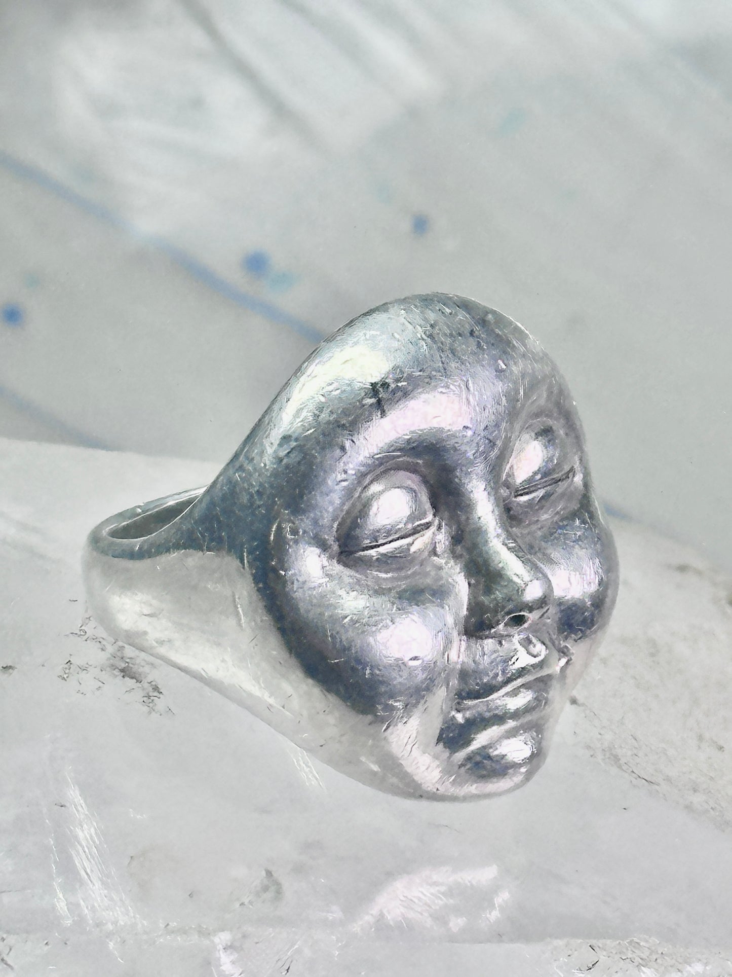 Face Ring moon face handmade artisan band size 8 figurative sterling silver women men