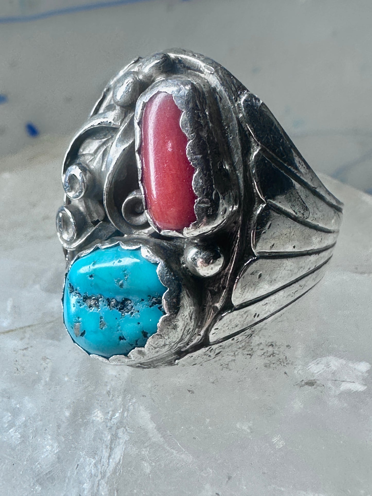 Navajo ring turquoise coral band size 10.75 sterling silver women men