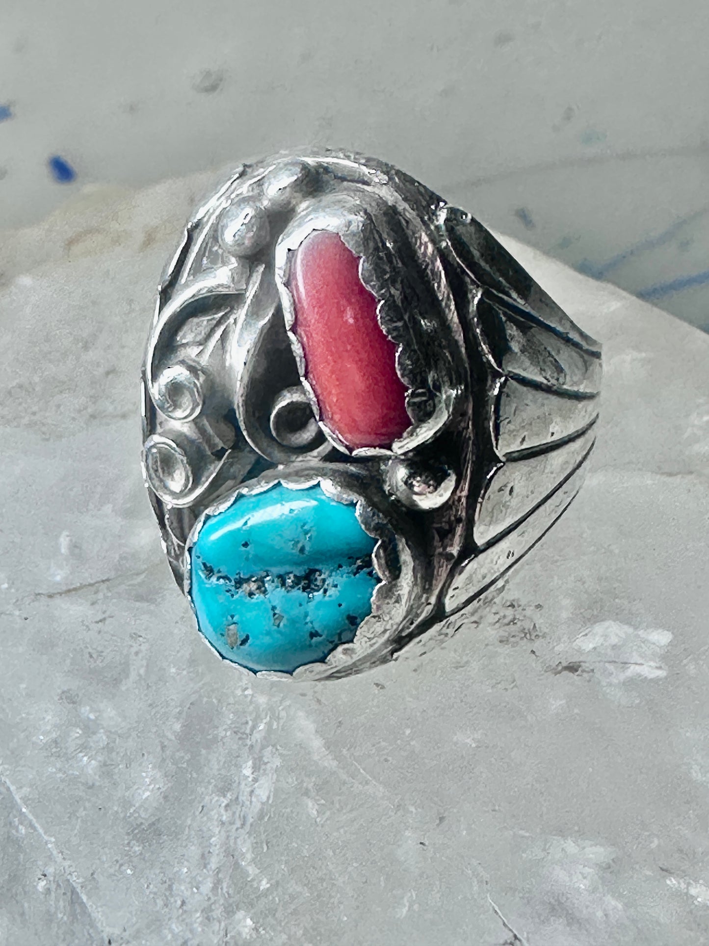 Navajo ring turquoise coral band size 10.75 sterling silver women men