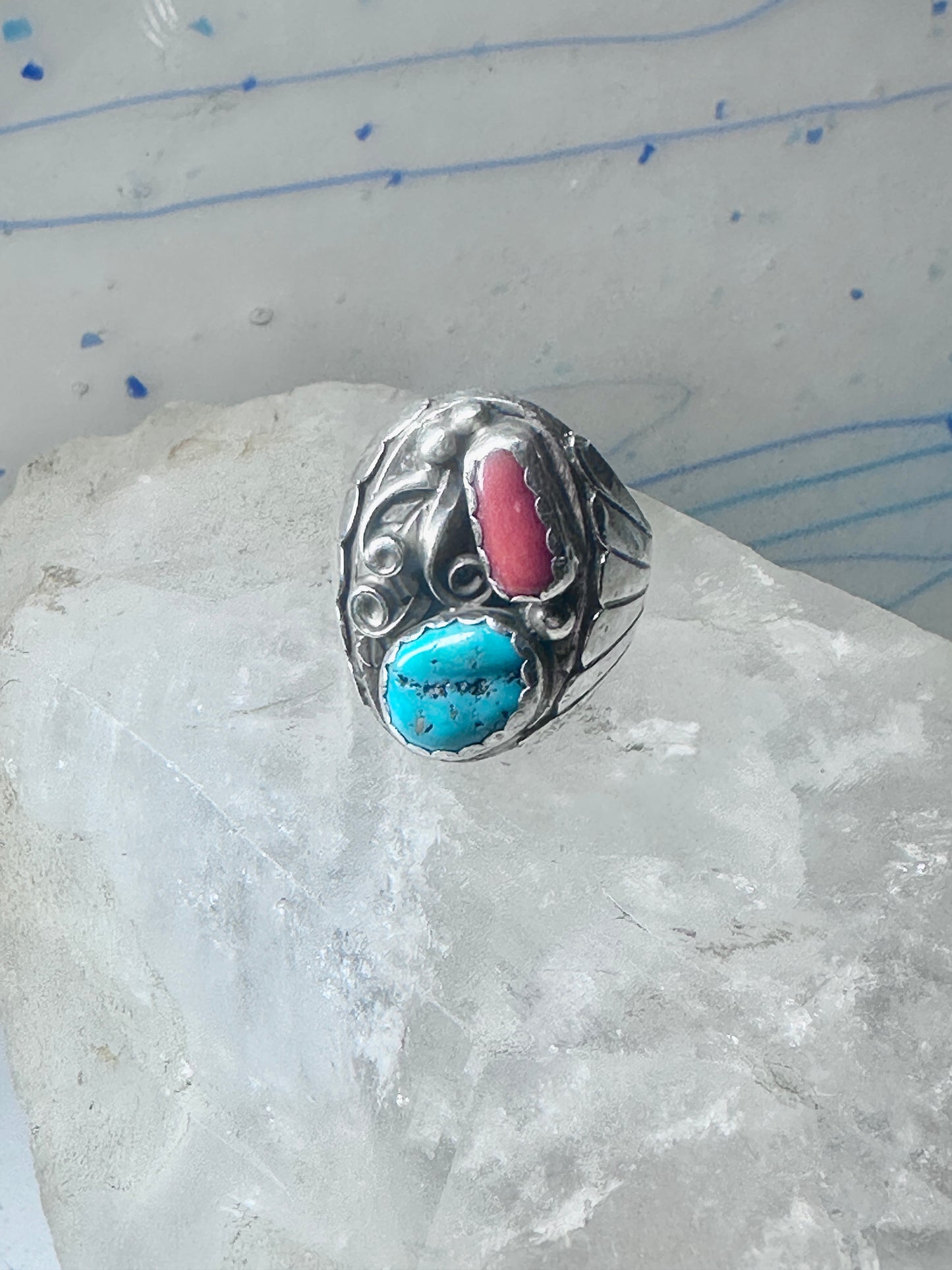 Navajo ring turquoise coral band size 10.75 sterling silver women men