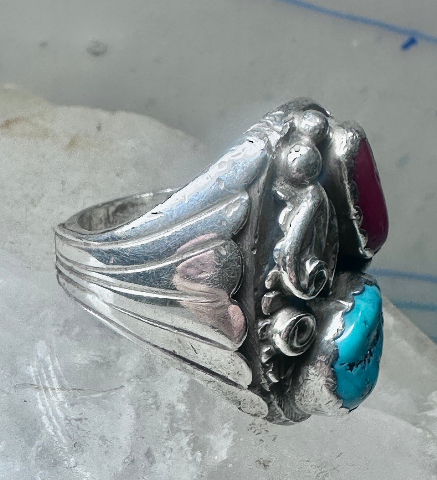 Navajo ring turquoise coral band size 10.75 sterling silver women men