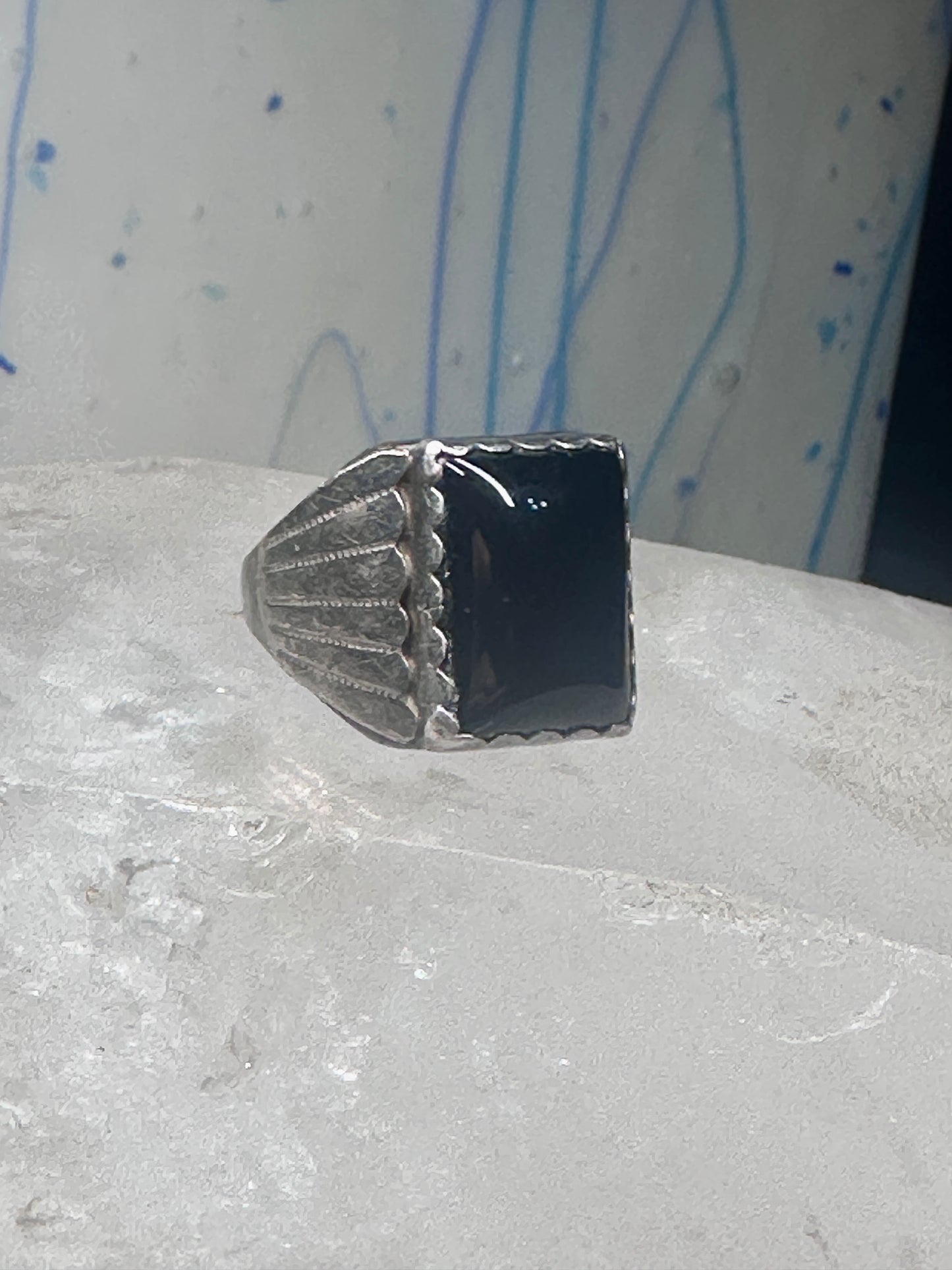 Onyx ring Navajo size 8.75 sterling silver women men signed DL