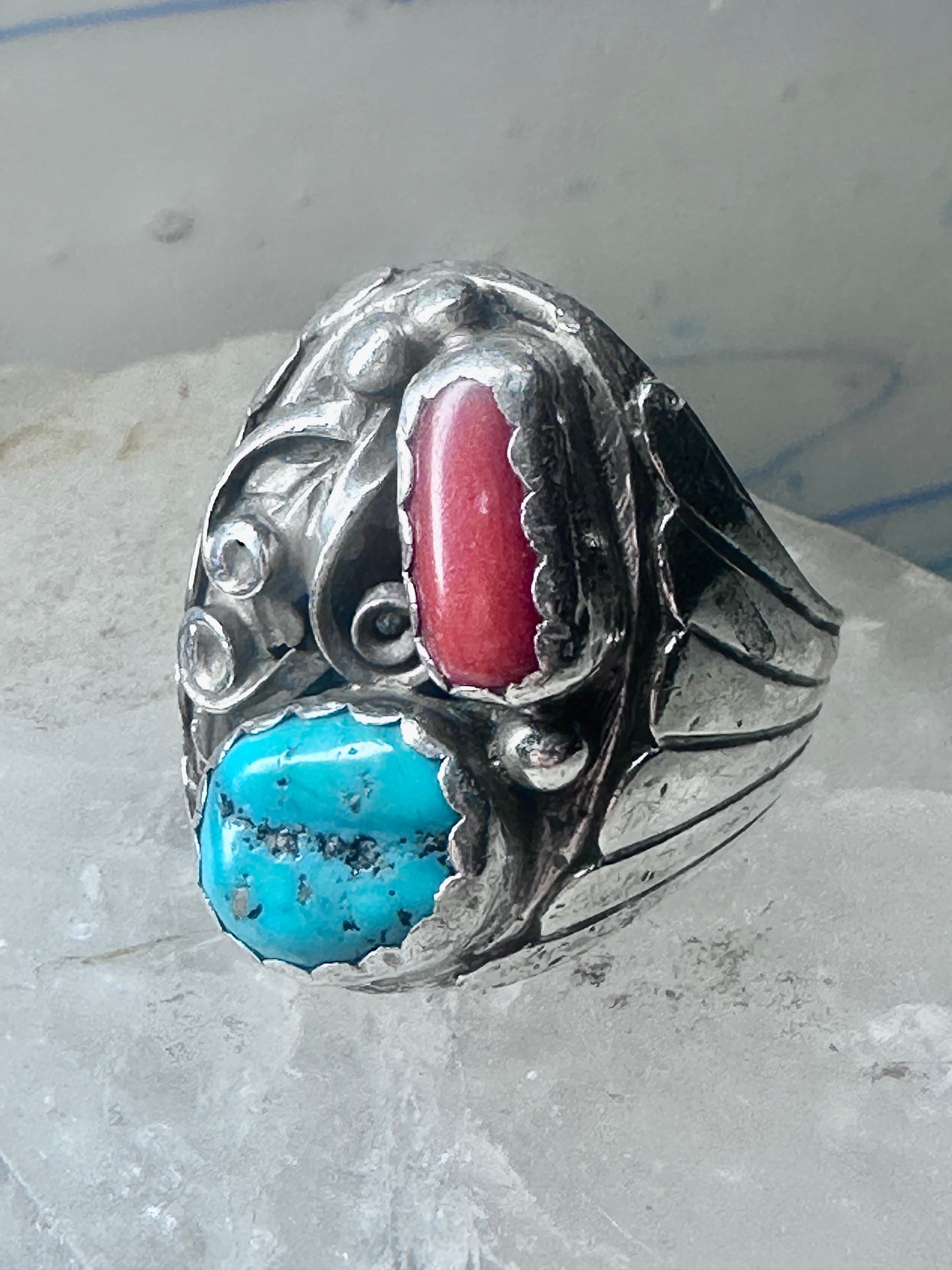 Navajo ring turquoise coral band size 10.75 sterling silver women men