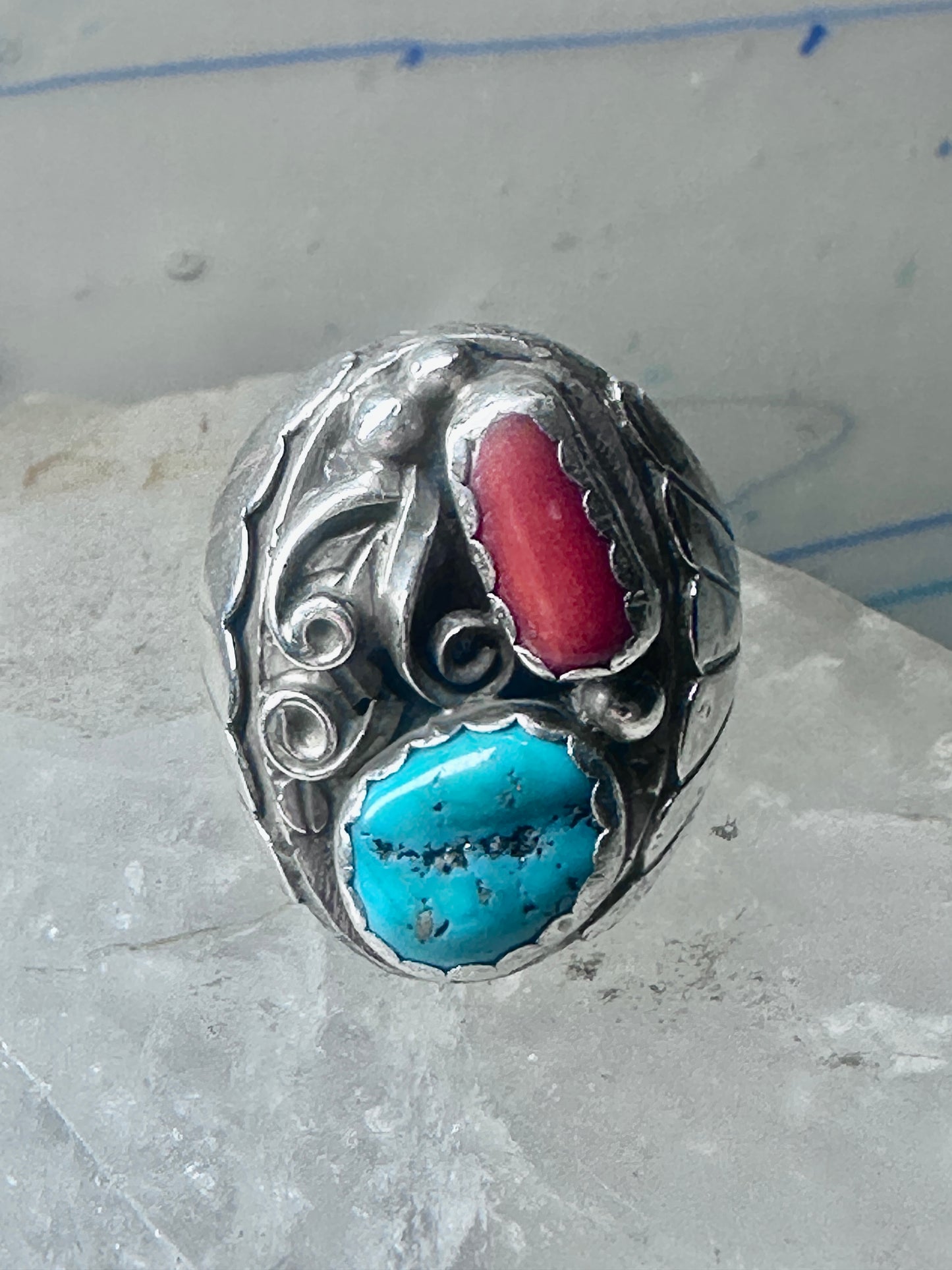 Navajo ring turquoise coral band size 10.75 sterling silver women men
