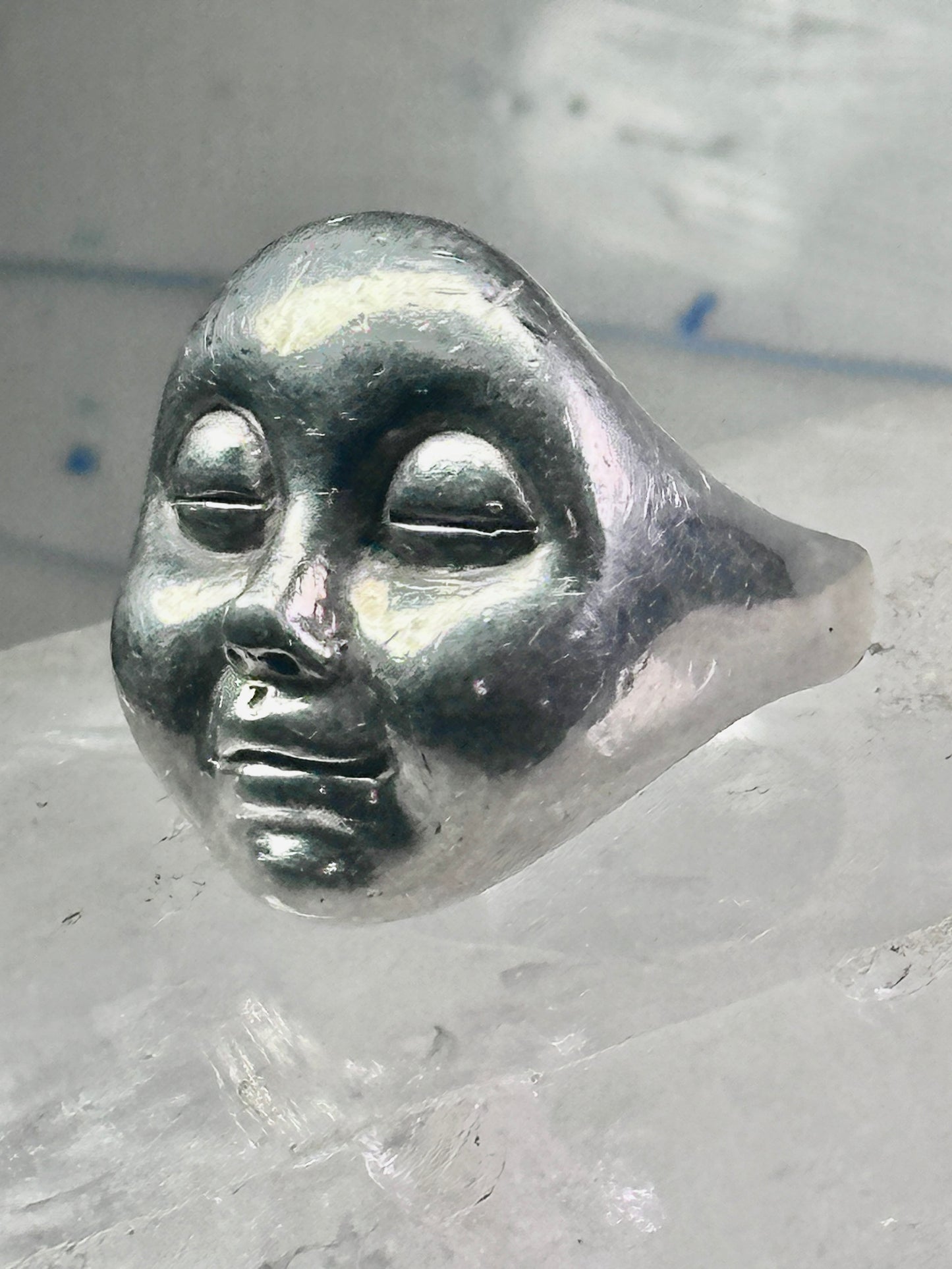 Face Ring moon face handmade artisan band size 8 figurative sterling silver women men