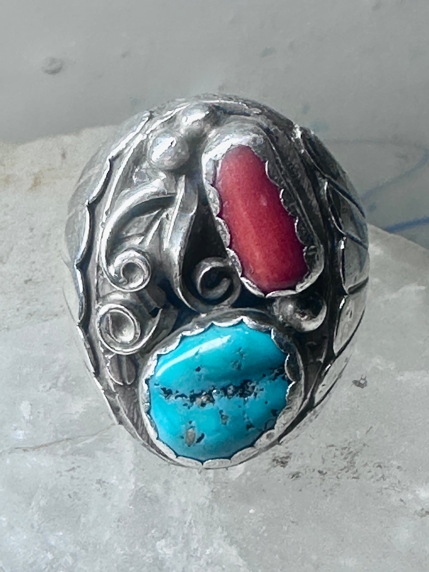 Navajo ring turquoise coral band size 10.75 sterling silver women men