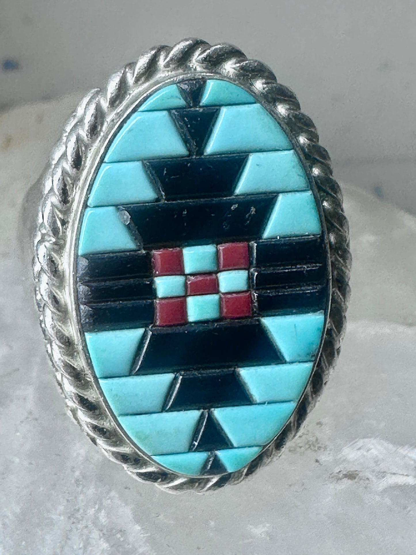 Zuni ring turquoise coral onyx band size 9.75 sterling silver women men