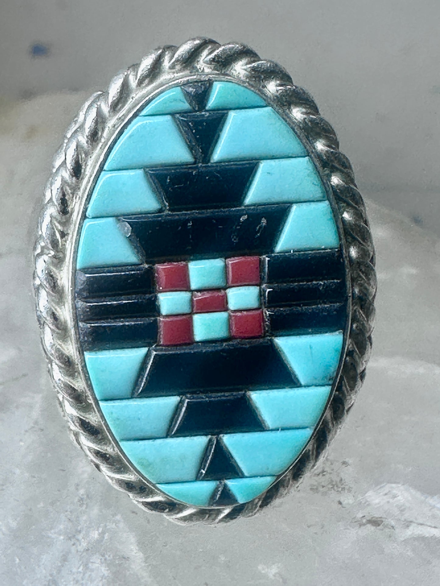 Zuni ring turquoise coral onyx band size 9.75 sterling silver women men