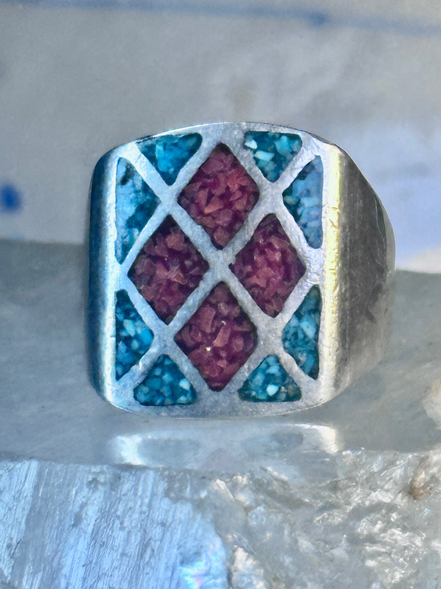 Navajo Ring Turquoise Coral chips size 10 sterling silver women men