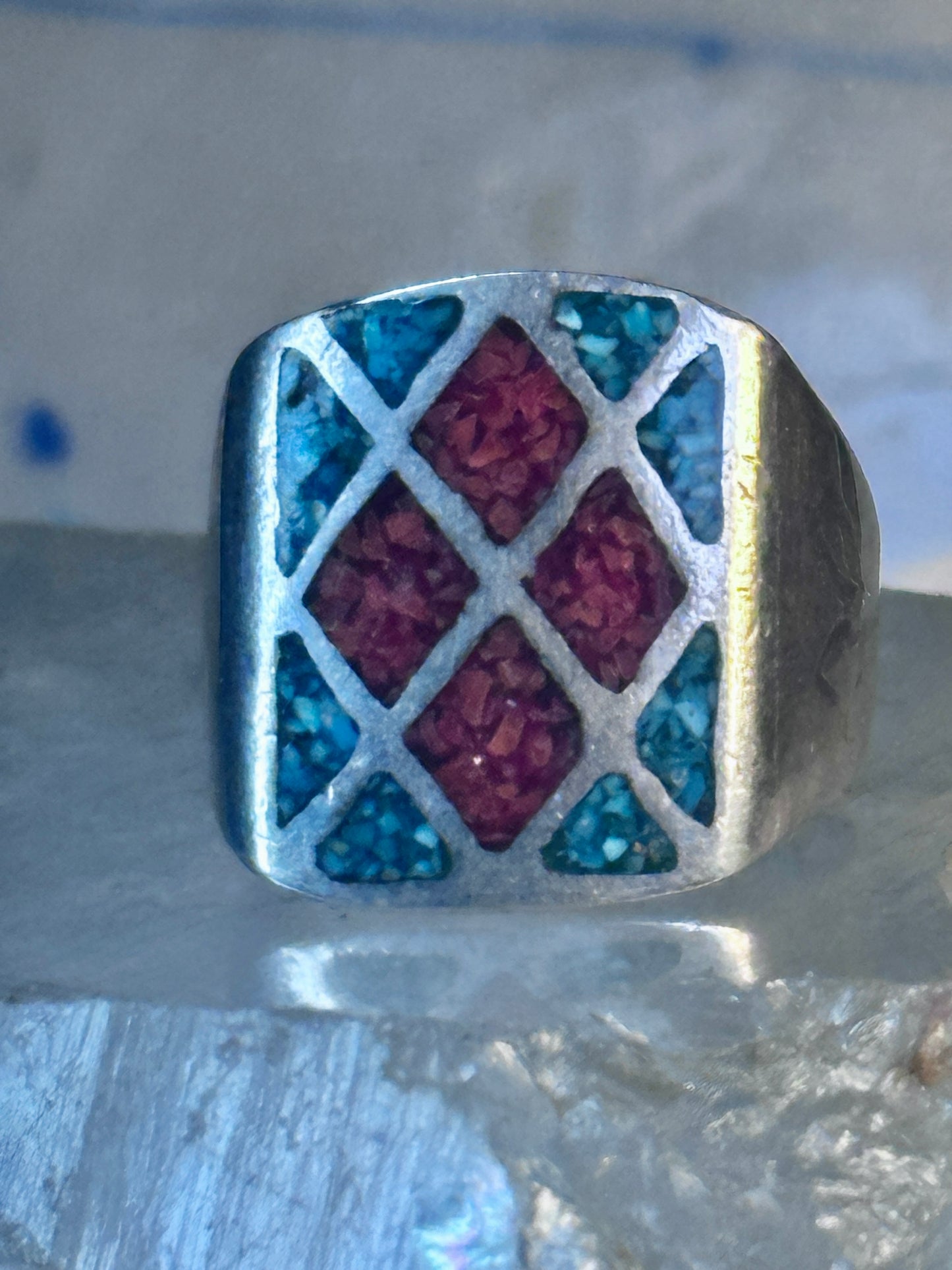 Navajo Ring Turquoise Coral chips size 10 sterling silver women men