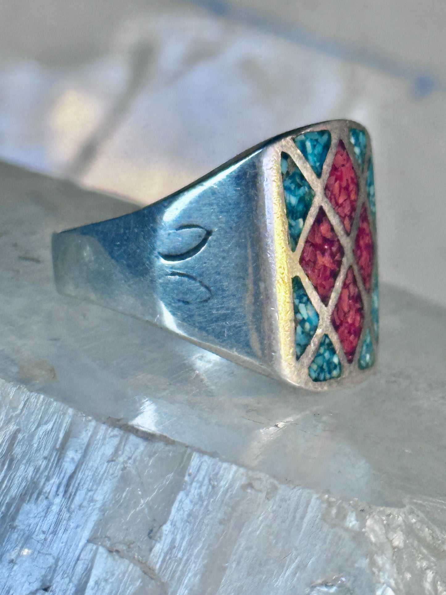 Navajo Ring Turquoise Coral chips size 10 sterling silver women men