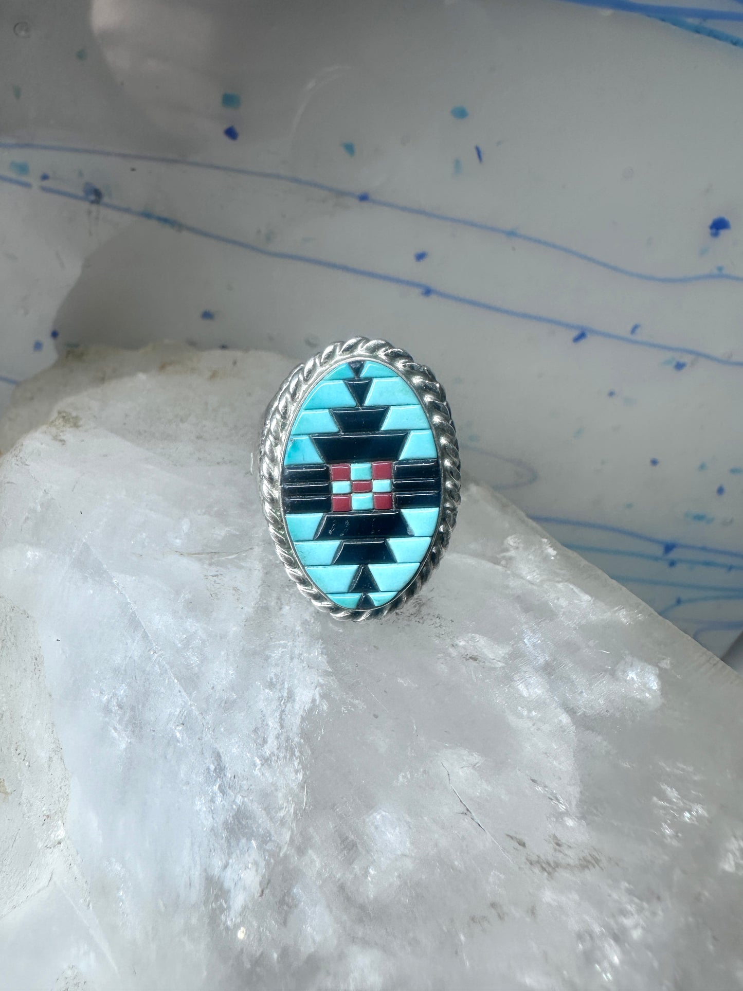 Zuni ring turquoise coral onyx band size 9.75 sterling silver women men