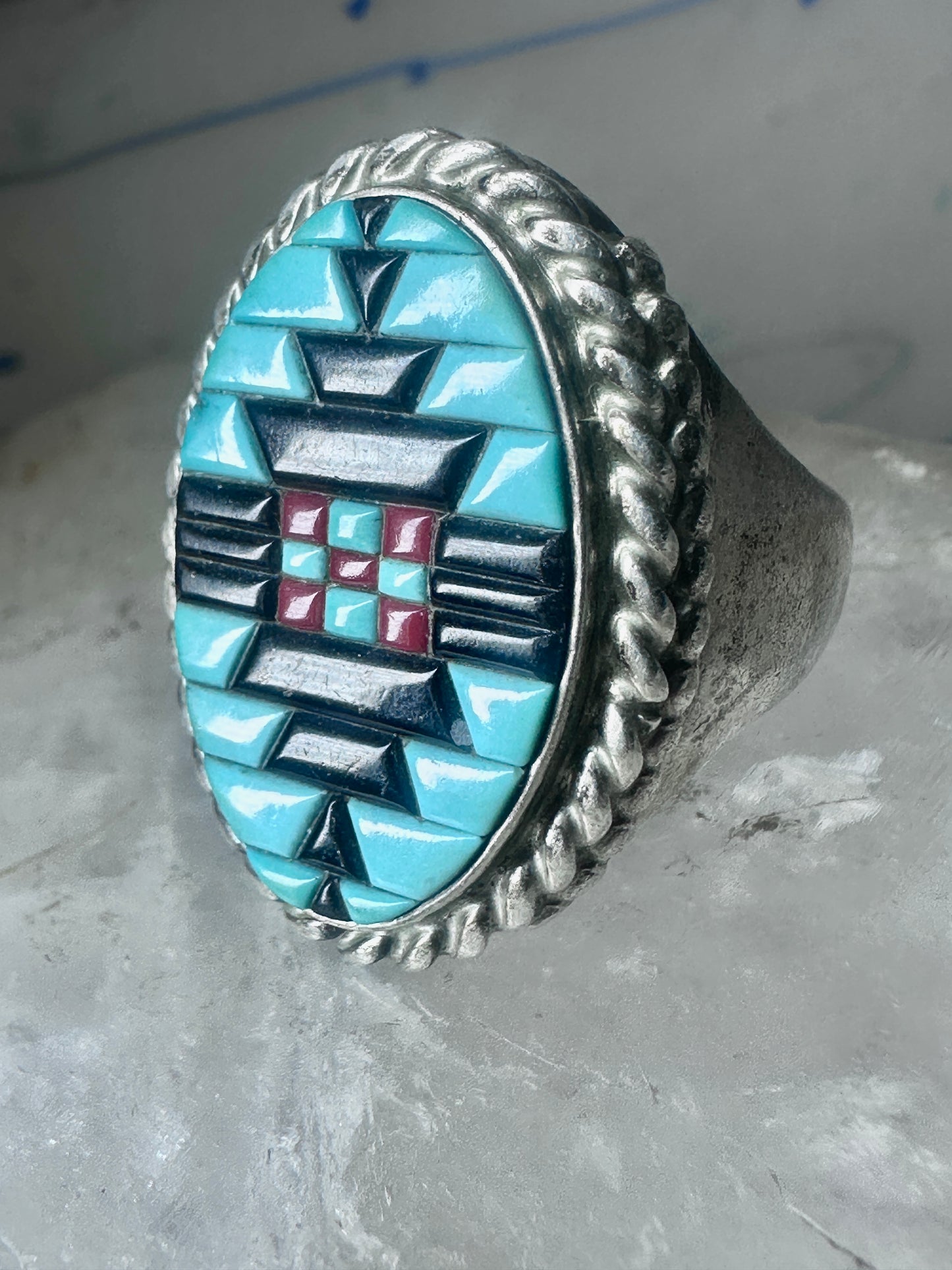 Zuni ring turquoise coral onyx band size 9.75 sterling silver women men