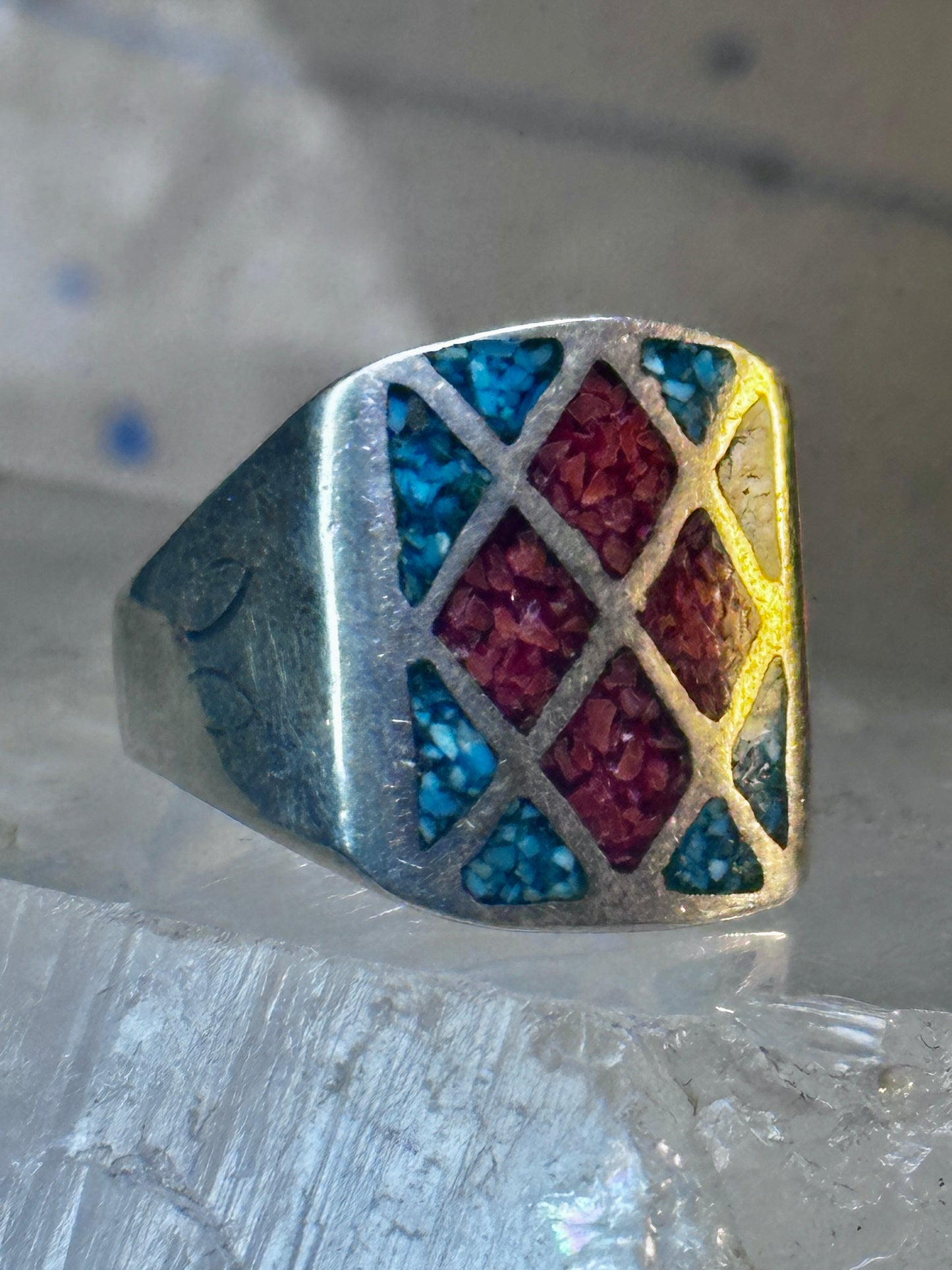 Navajo Ring Turquoise Coral chips size 10 sterling silver women men