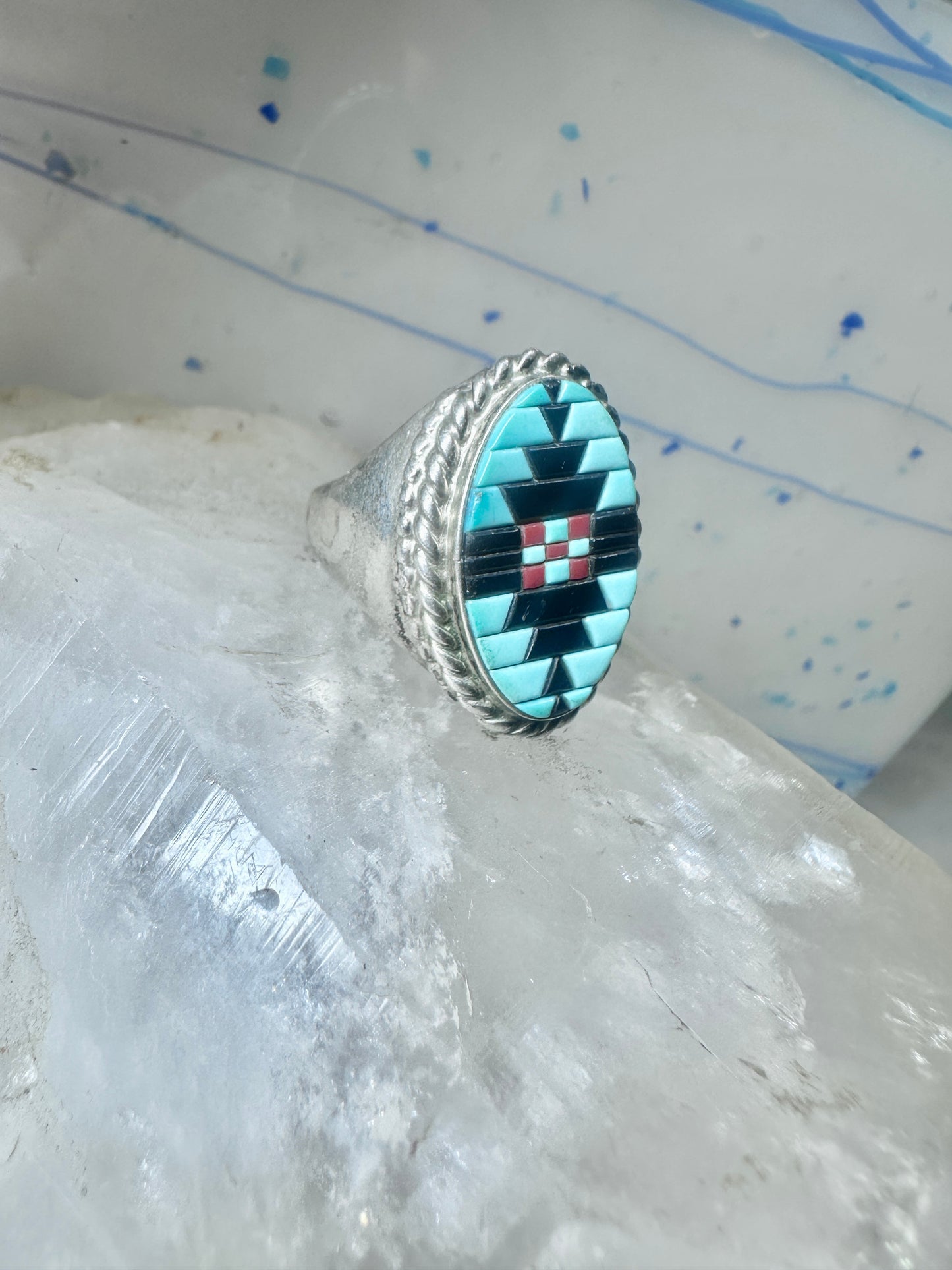 Zuni ring turquoise coral onyx band size 9.75 sterling silver women men