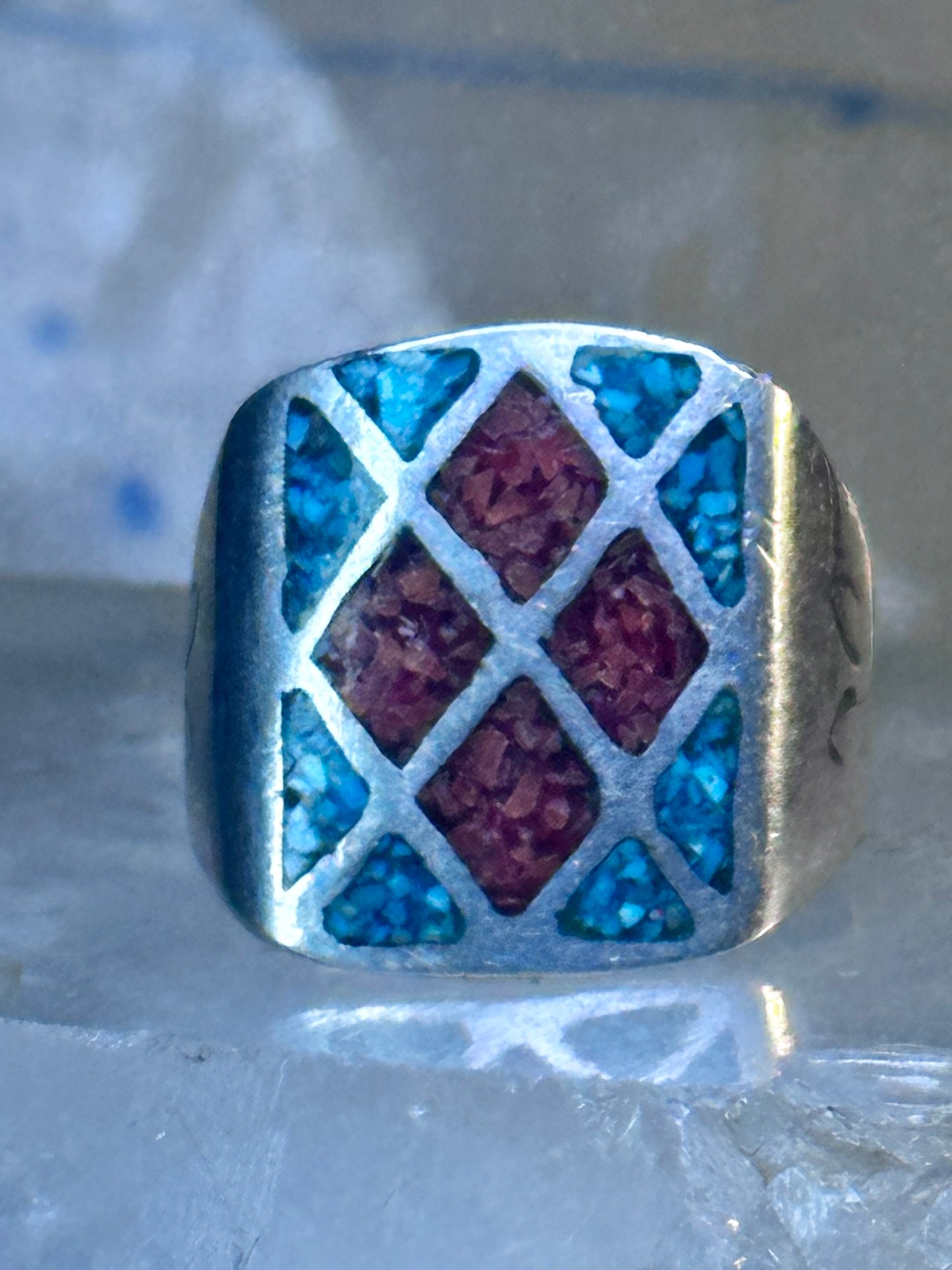 Navajo Ring Turquoise Coral chips size 10 sterling silver women men