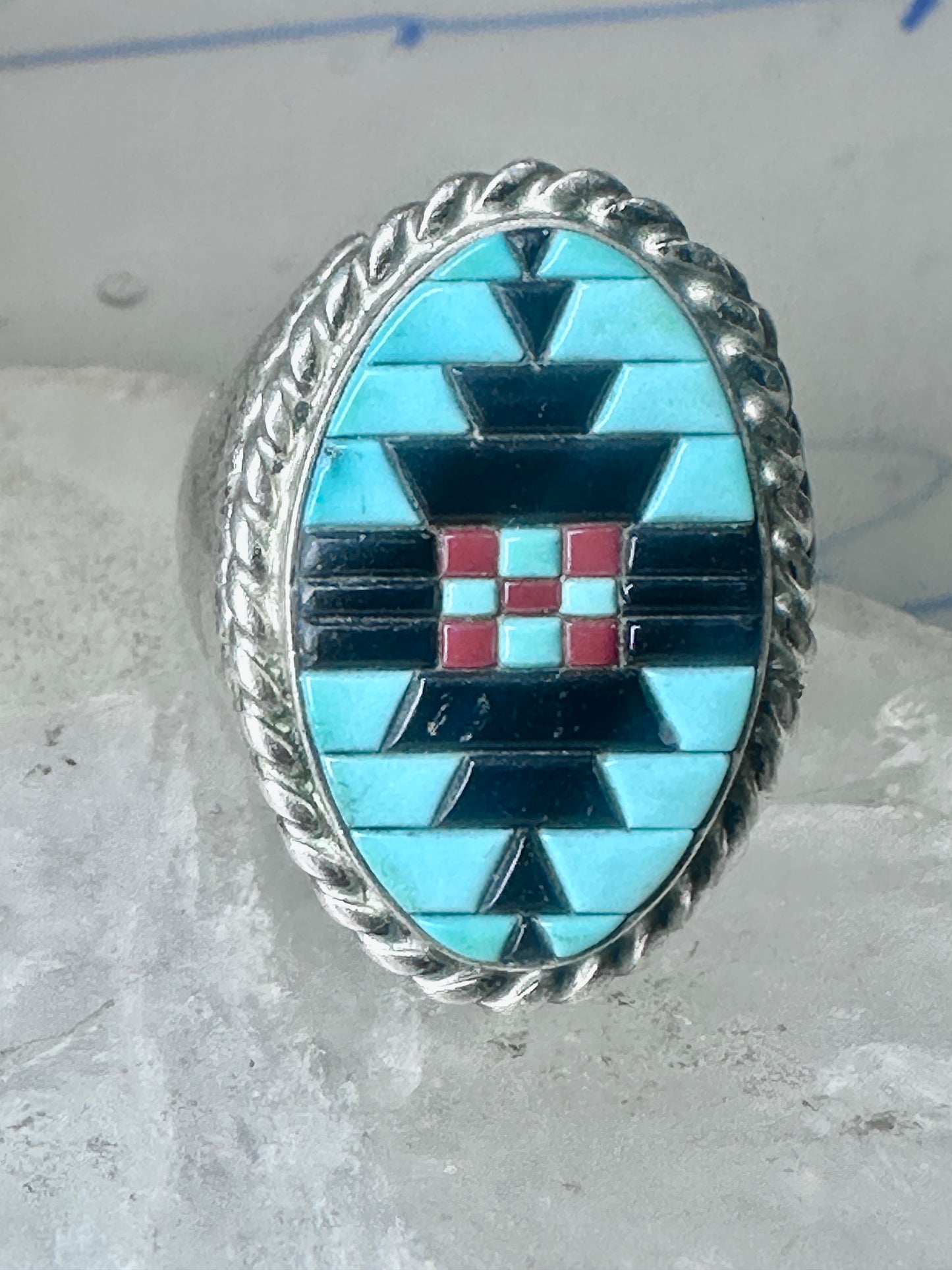 Zuni ring turquoise coral onyx band size 9.75 sterling silver women men