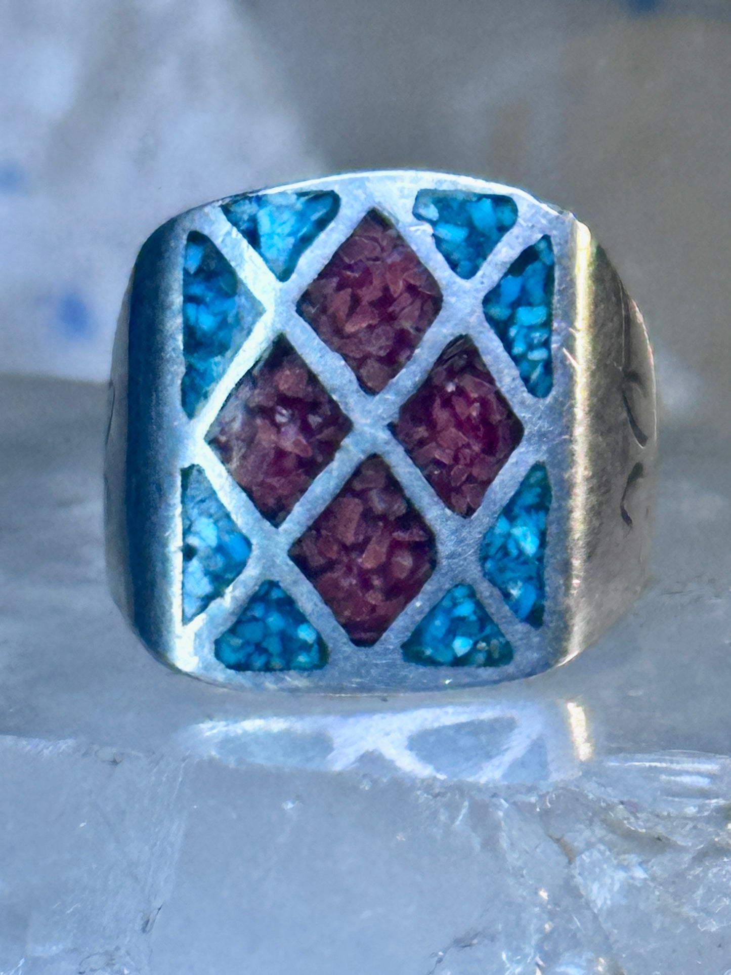 Navajo Ring Turquoise Coral chips size 10 sterling silver women men