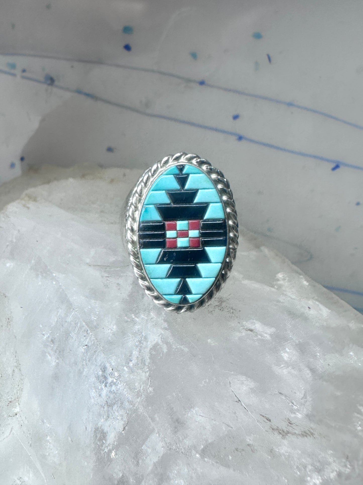 Zuni ring turquoise coral onyx band size 9.75 sterling silver women men