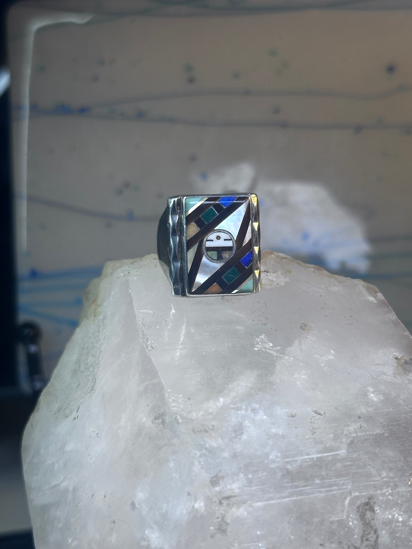 Zuni Ring sun face lapis mother of pearl turquoise size 10.50 sterling silver women men