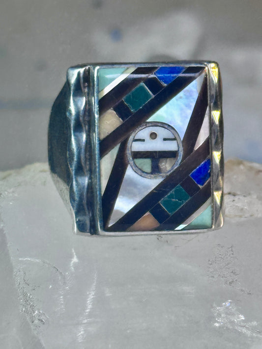 Zuni Ring sun face lapis mother of pearl turquoise size 10.50 sterling silver women men
