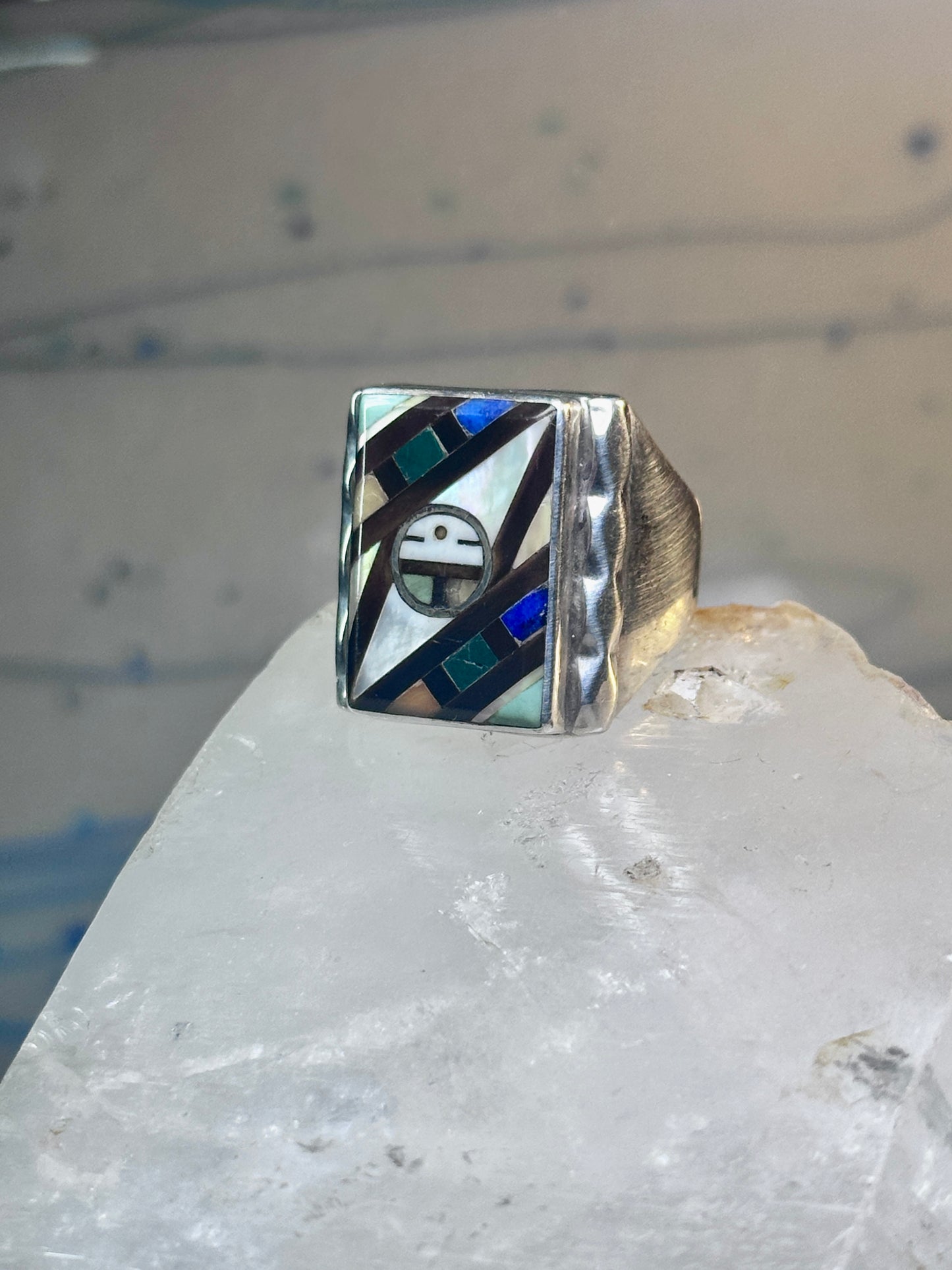 Zuni Ring sun face lapis mother of pearl turquoise size 10.50 sterling silver women men